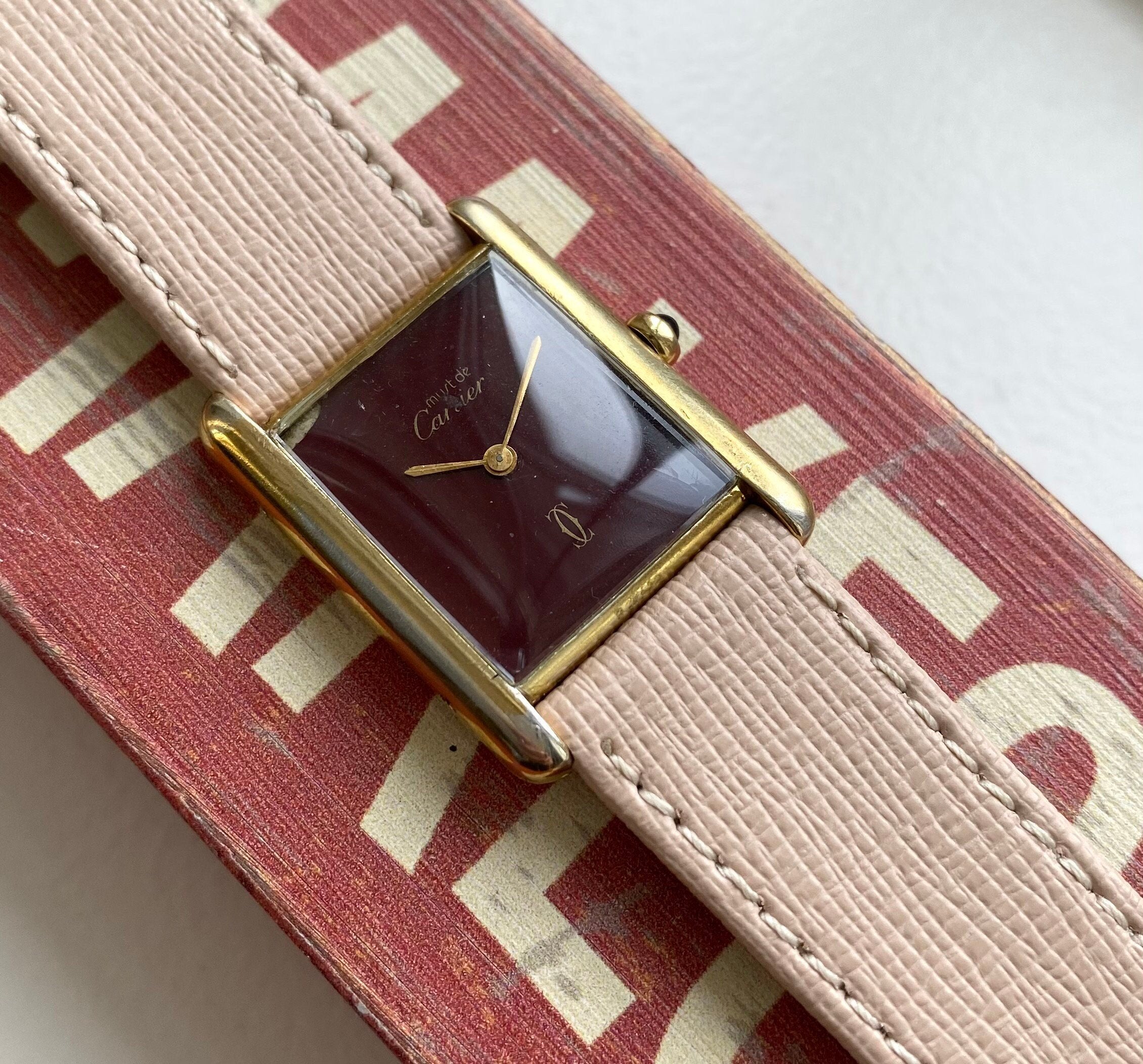 Vintage Cartier Tank Quartz 18K Electroplated Case Rare Red Dial Watch