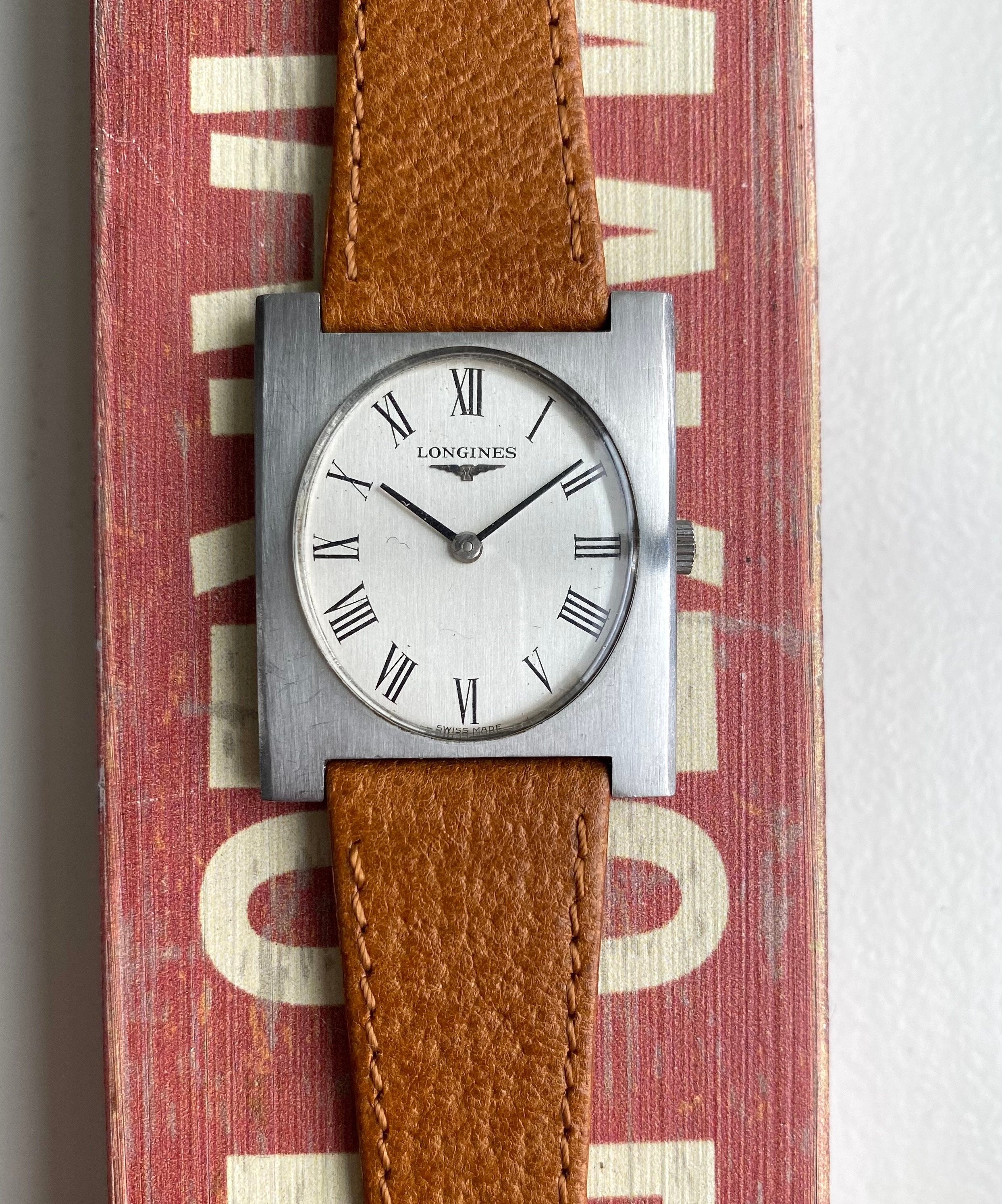 Vintage Longines Tank Manual Wind Silver Roman Numeral Dial Steel Case Watch
