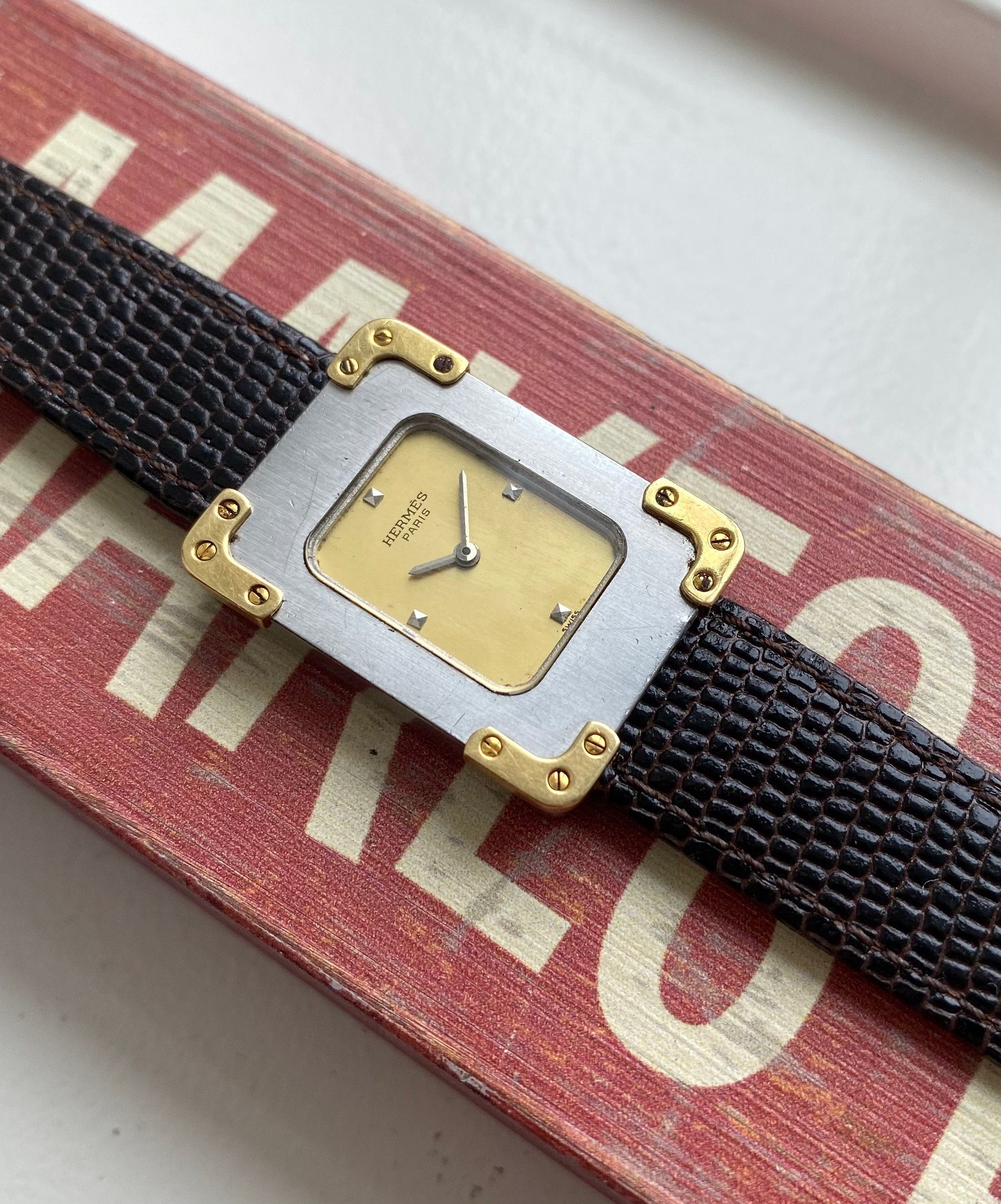Vintage Hermes Tank 80s Tank Quartz Champagne Dial Two Tone Steel Case Watch