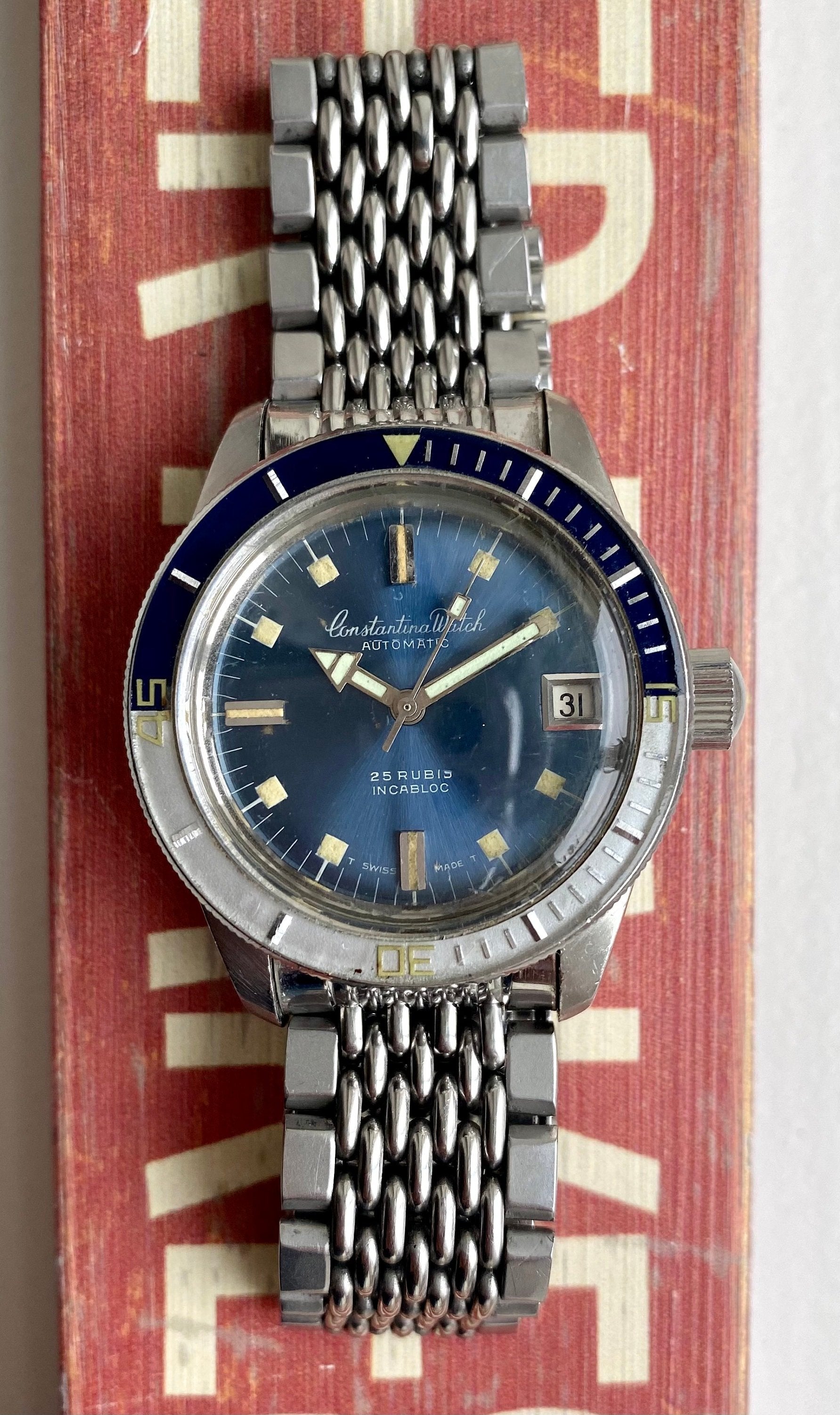 Vintage Constantina Diver Automatic Blue Dial Bakelite Bezel Steel Case Watch