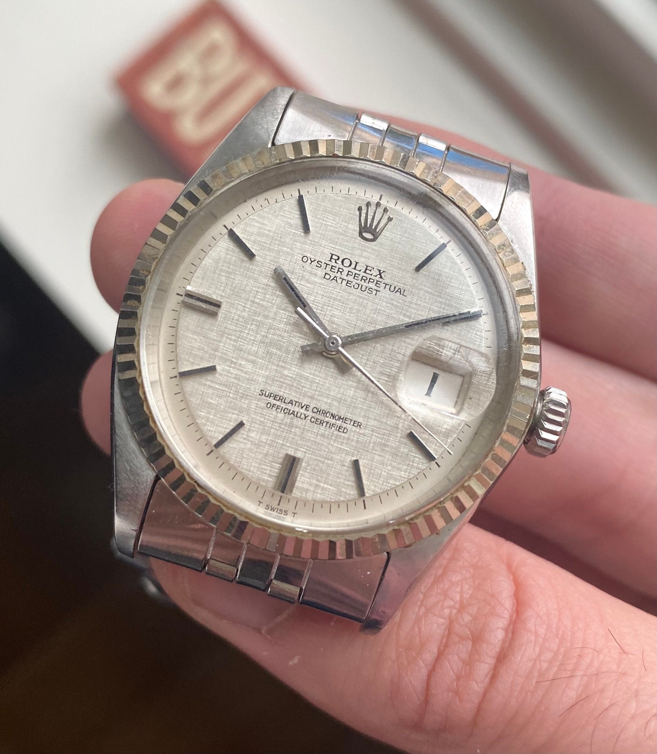 Vintage Rolex Datejust 1601 70s Automatic Silver Linen Dial Oyster Case Watch