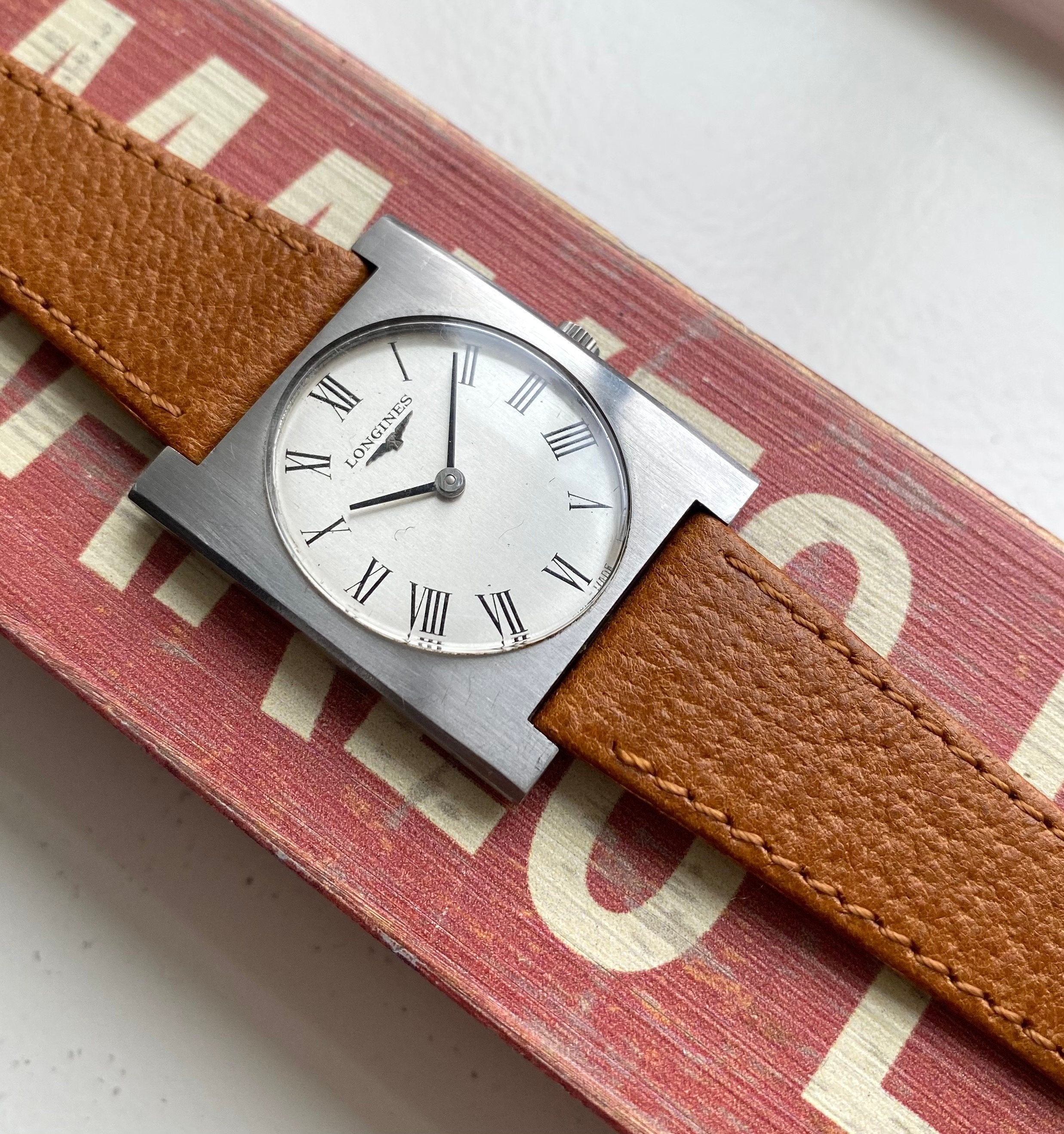 Vintage Longines Tank Manual Wind Silver Roman Numeral Dial Steel Case Watch