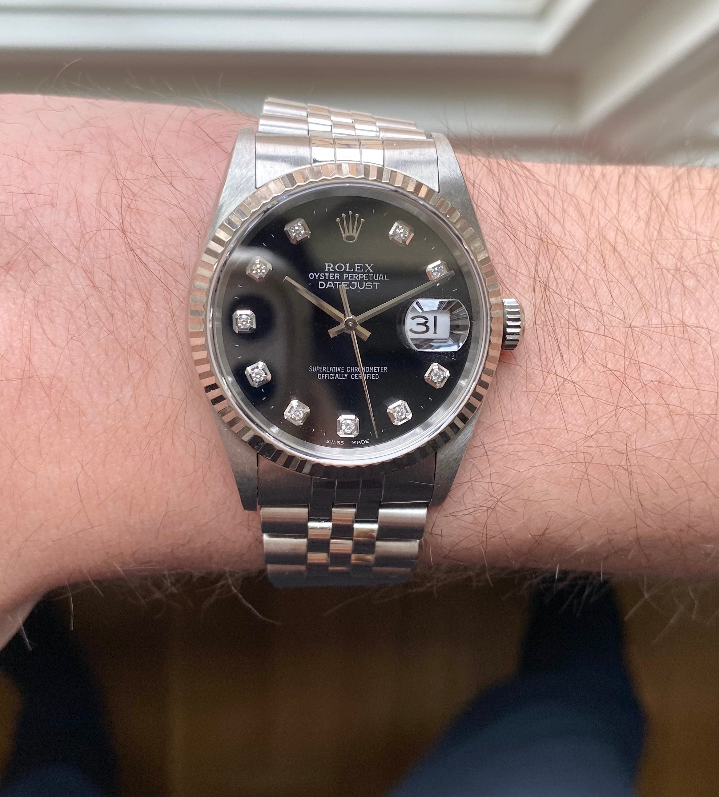 Rolex Datejust Ref 16234G 90s Factory Black Diamond Dial w/ Papers Watch