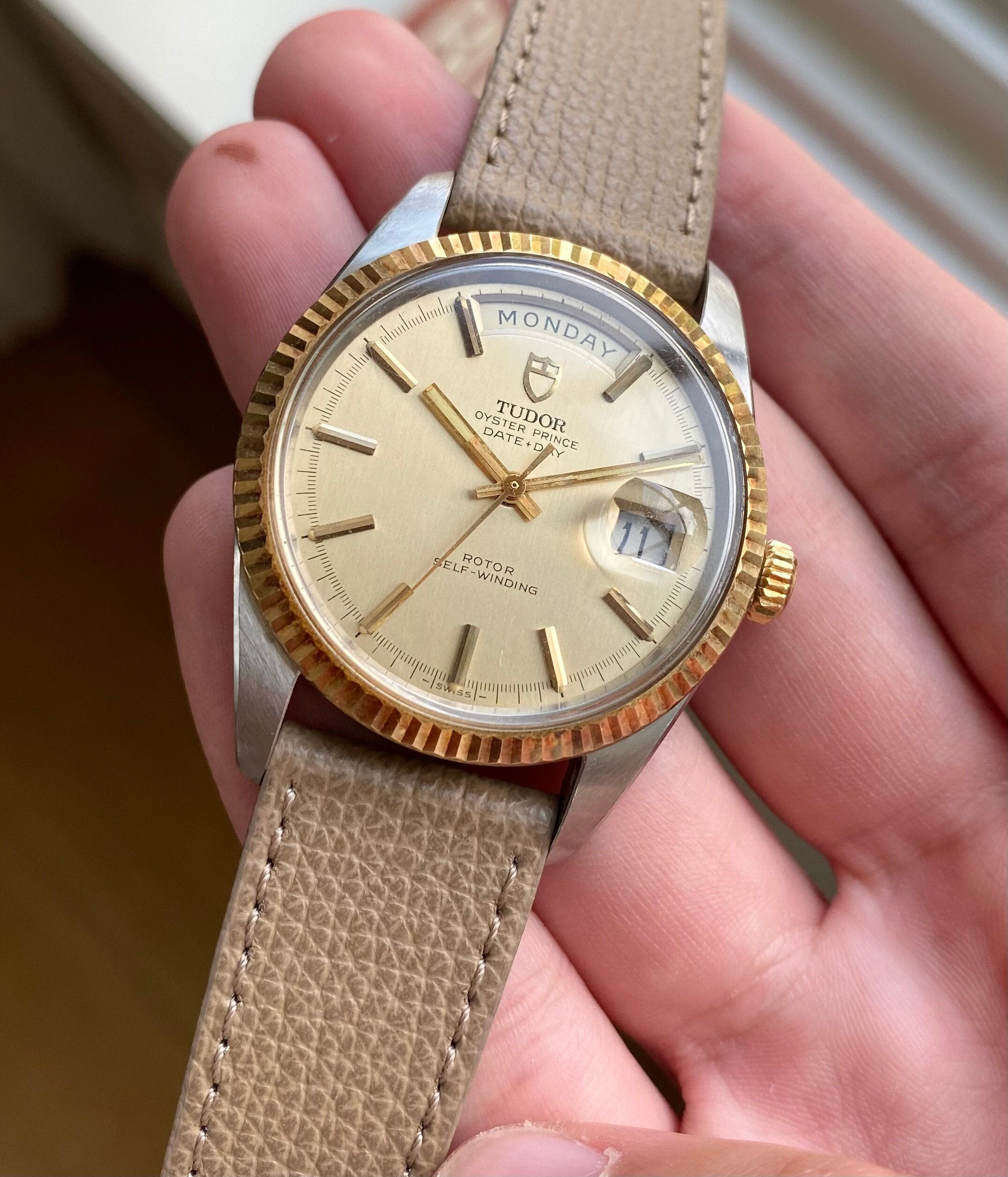 Vintage Tudor Oysterprince Date Day 38mm Jumbo Two Tone Champagne Dial Watch