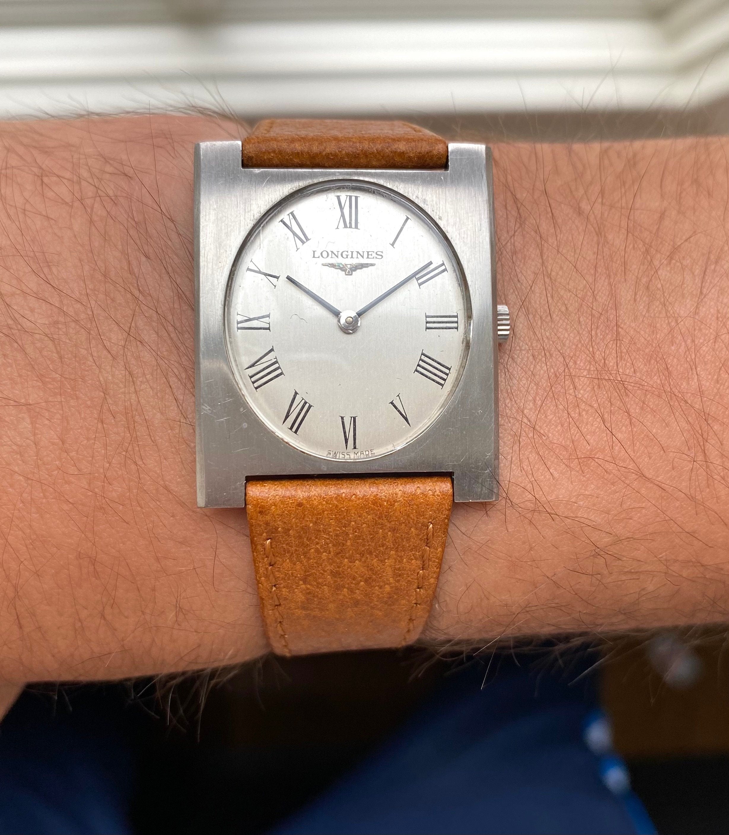 Vintage Longines Tank Manual Wind Silver Roman Numeral Dial Steel Case Watch