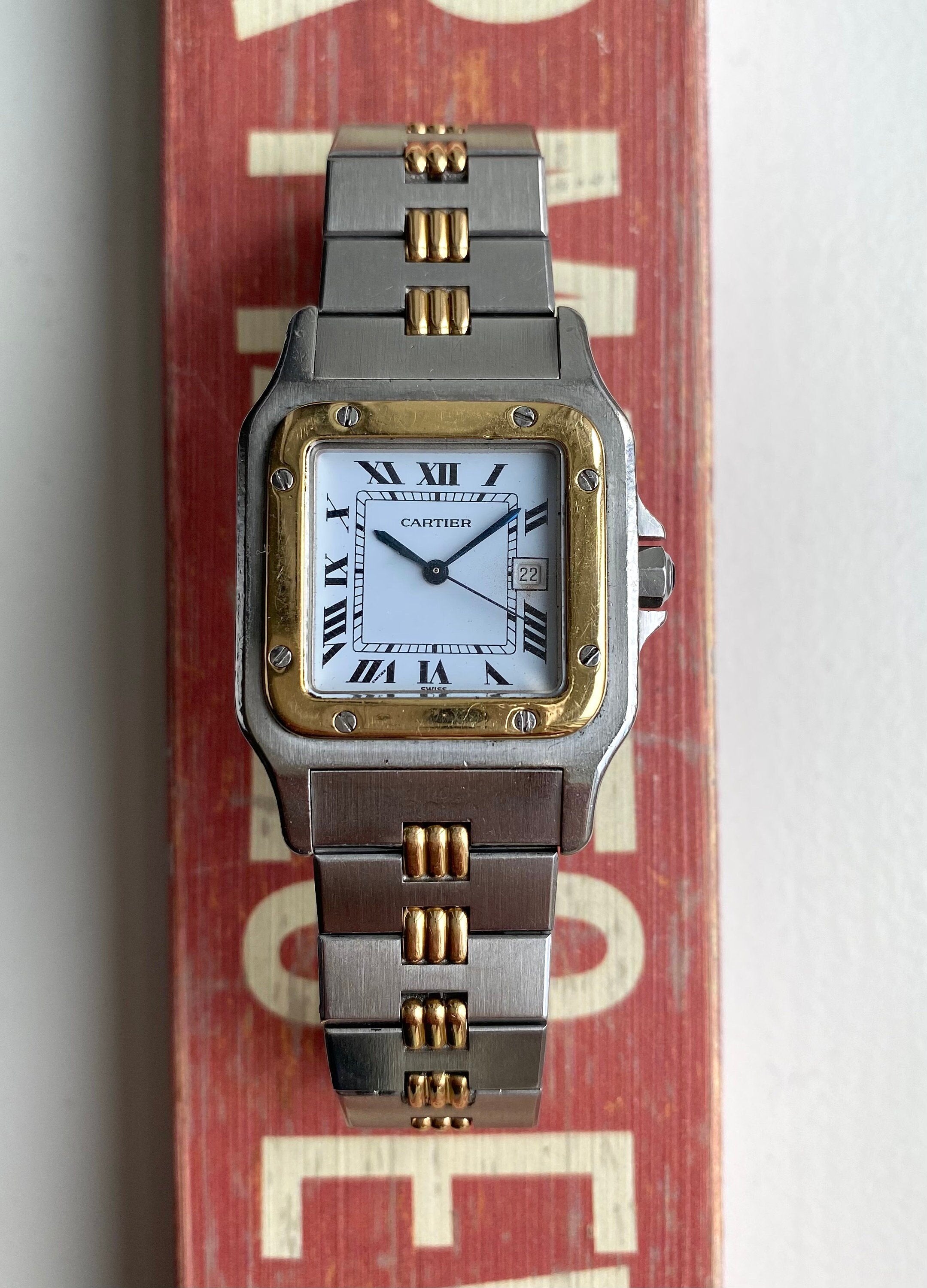 Vintage Cartier Santos 80s Automatic Two Tone White Roman Numeral Dial Watch