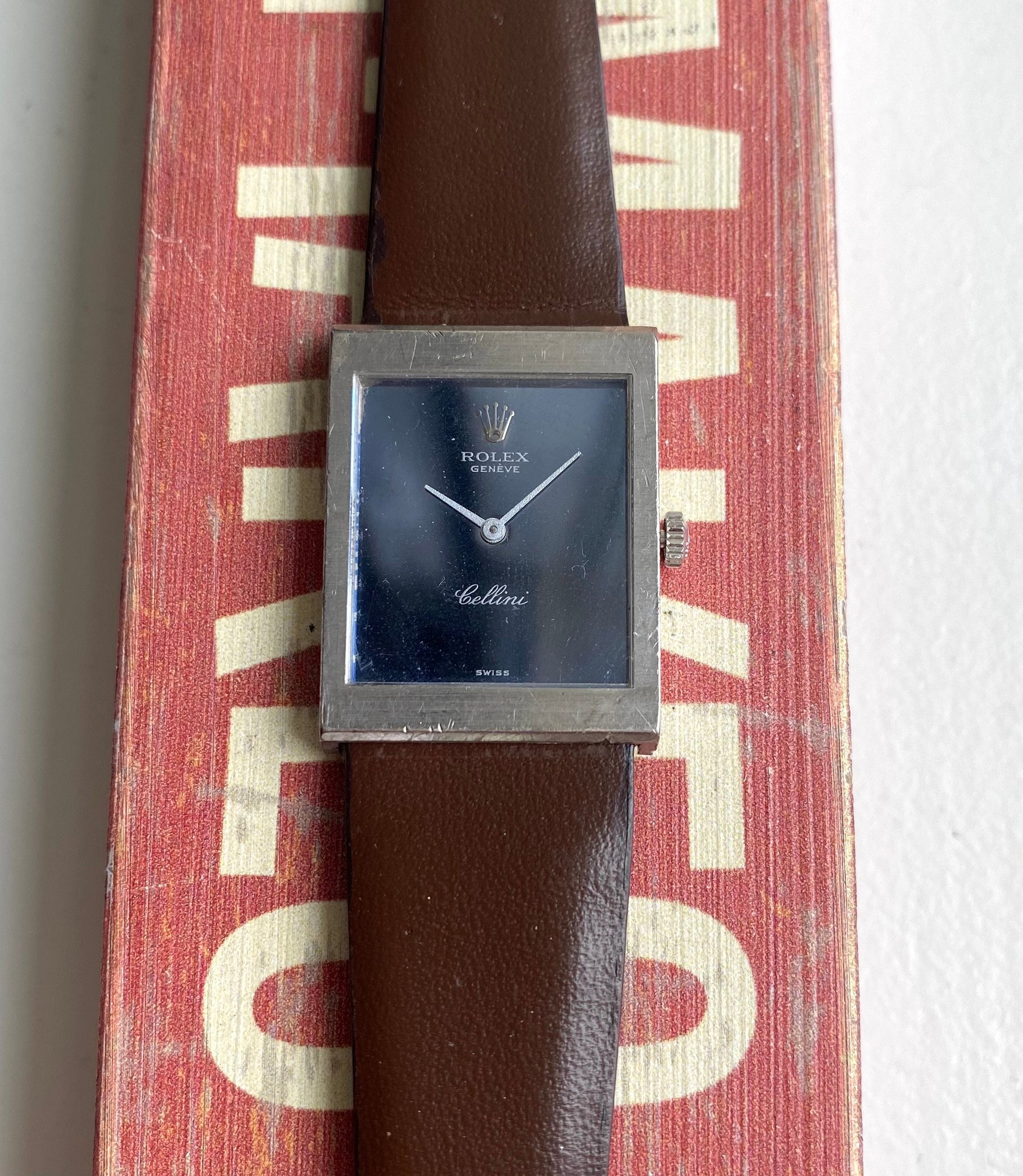 Vintage Rolex Cellini 70s 18K White Gold Tank Manual Wind Blue Mirror Dial Watch