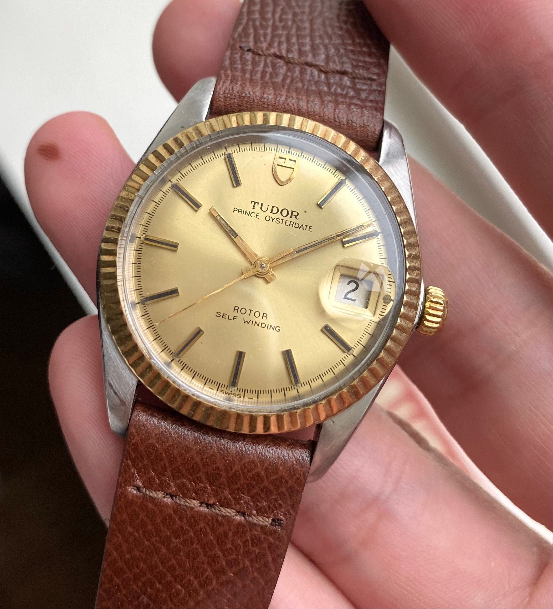 Vintage Tudor Prince Oysterdate Automatic Champagne Dial Quickset Two Tone Watch