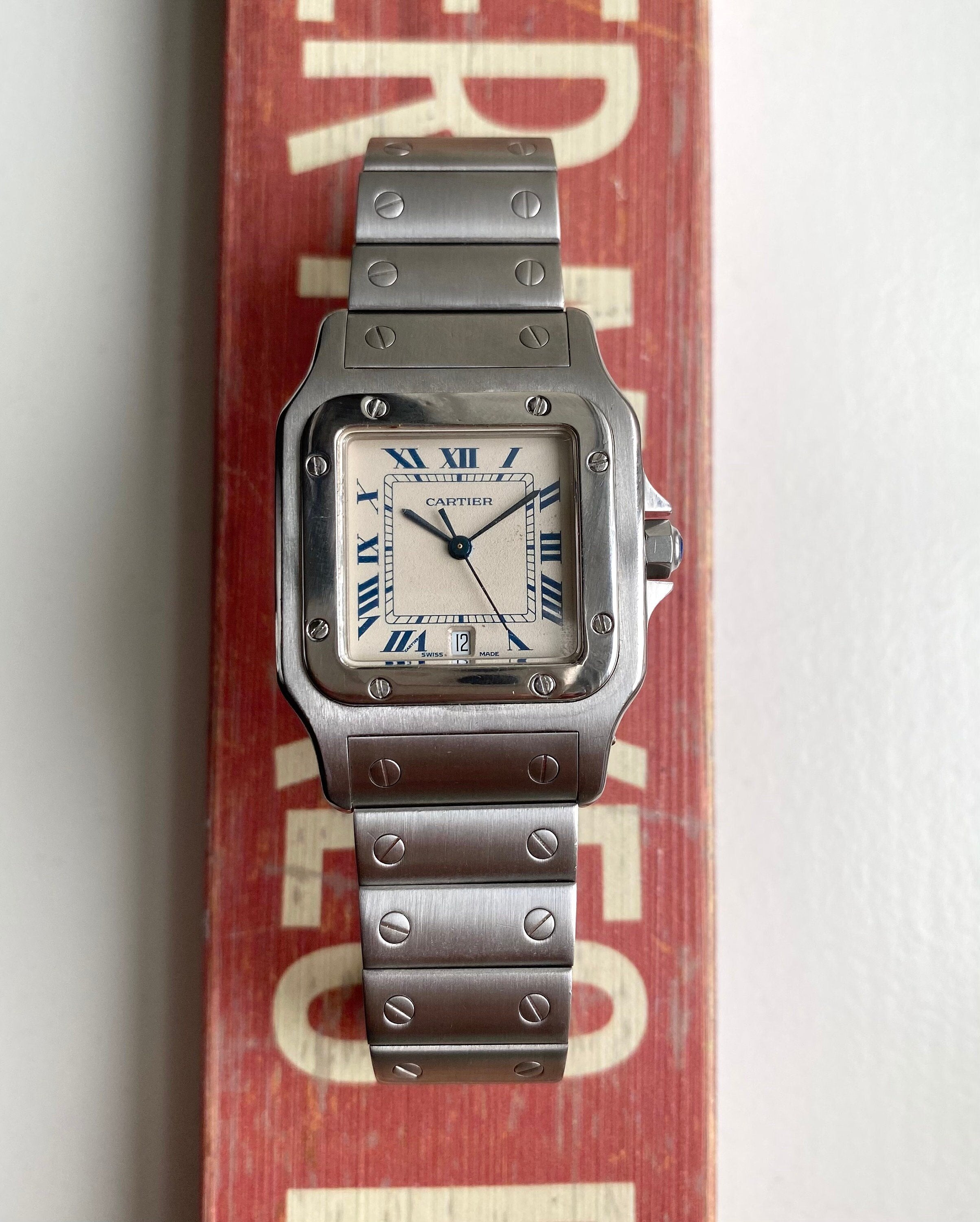 Vintage Cartier Santos Galbee Quartz White Roman Numeral Dial Steel Case Watch
