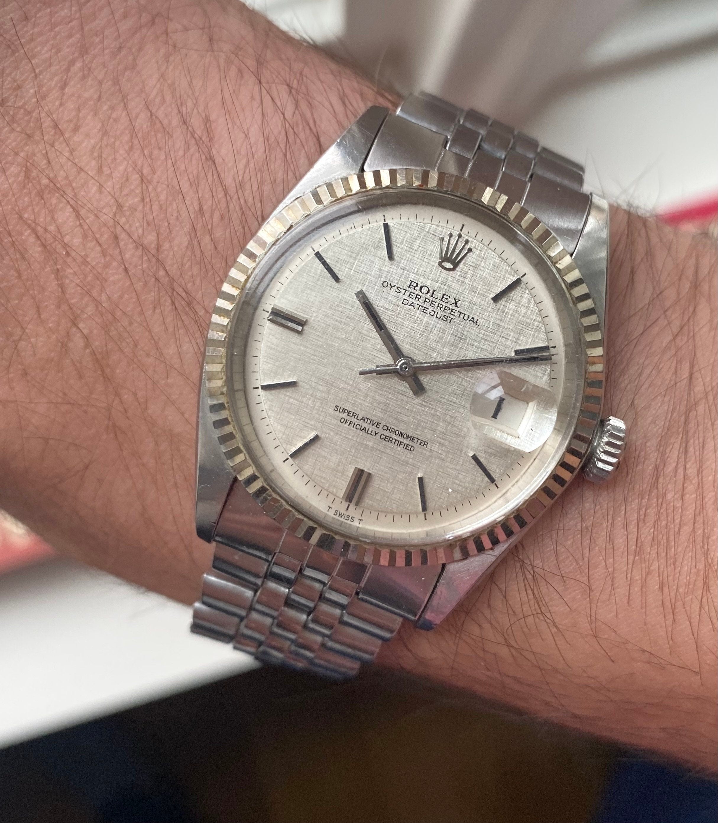 Vintage Rolex Datejust 1601 70s Automatic Silver Linen Dial Oyster Case Watch