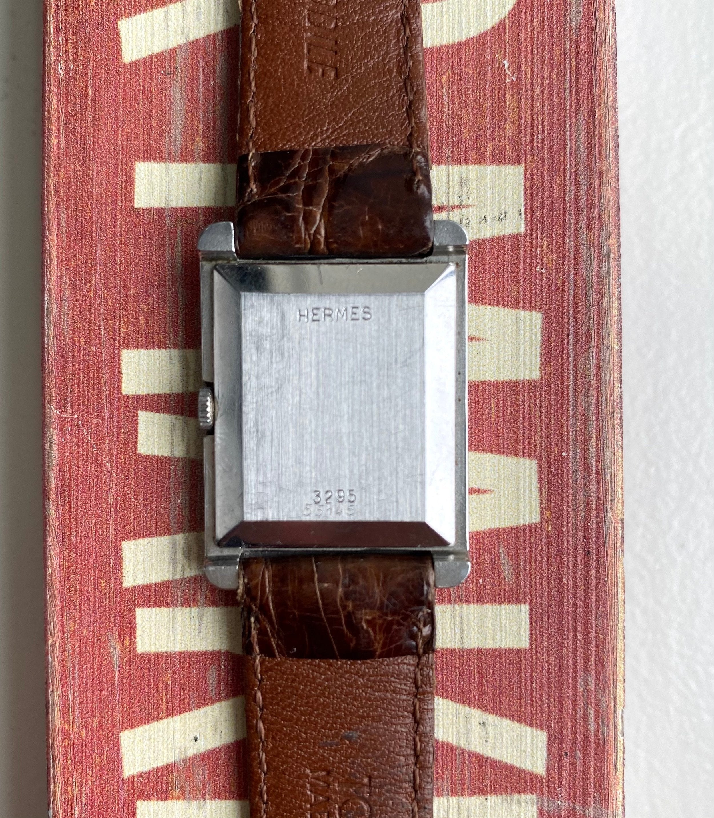 Vintage Hermes Tank 80s Tank Manual Wind White Arabic Numeral Dial Steel Watch