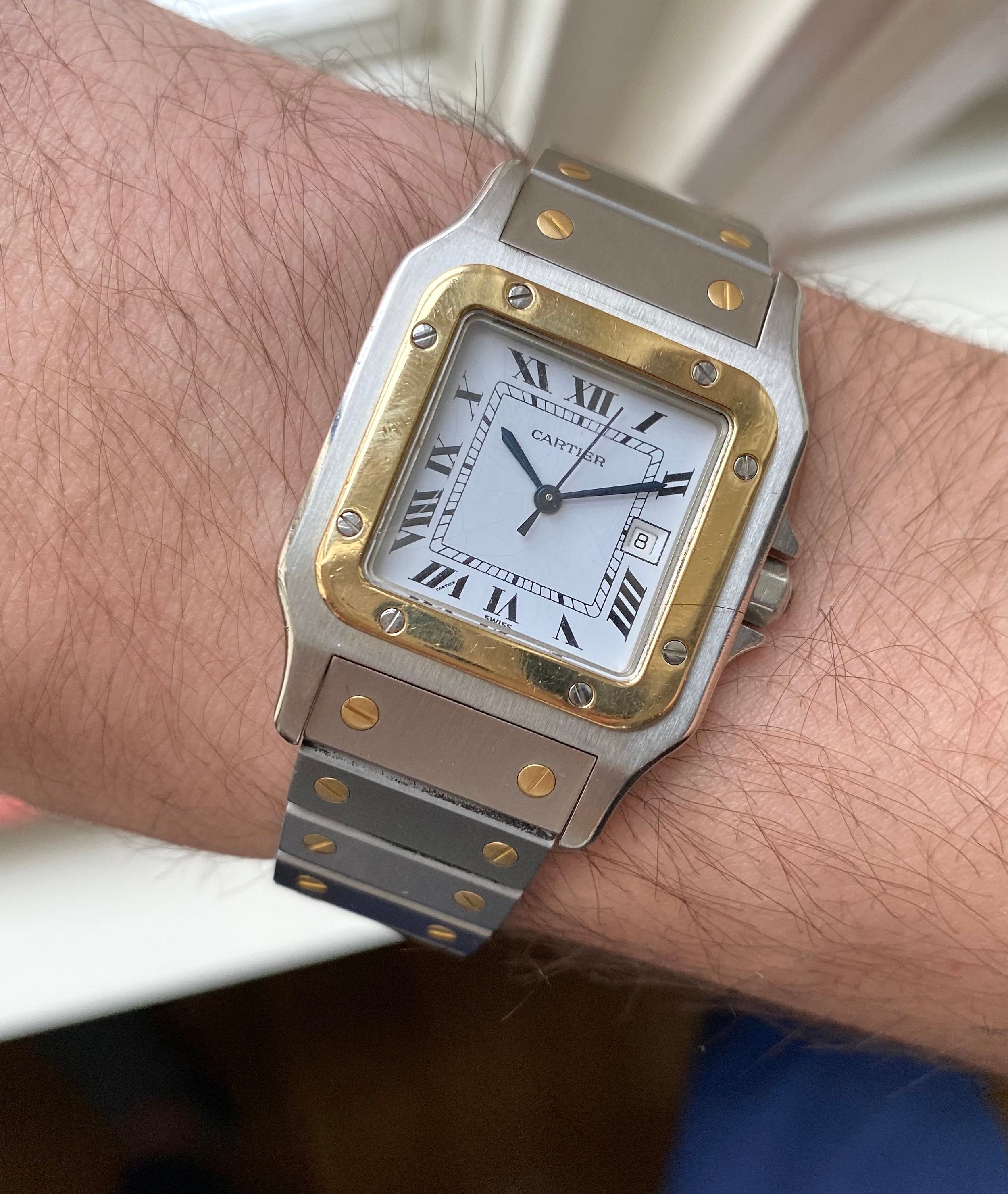 Cartier Santos 80s Automatic Two Tone White Roman Numeral Dial Steel Watch