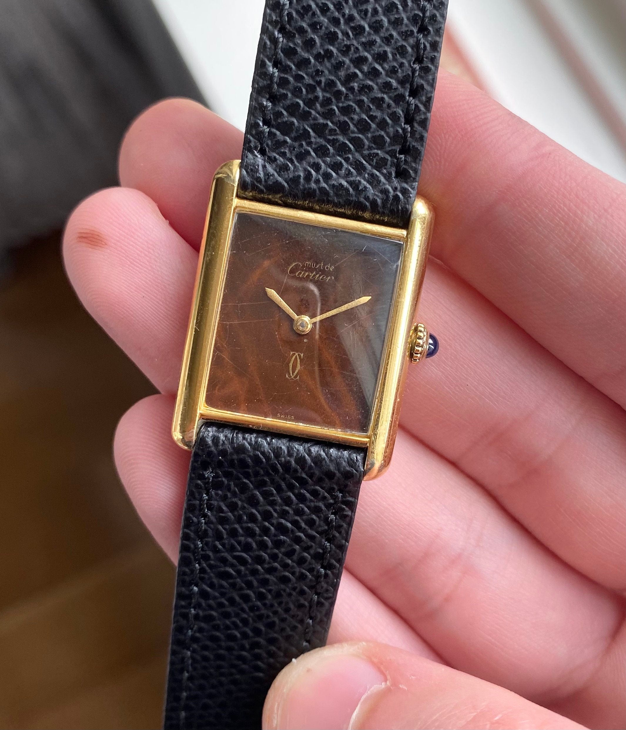 Vintage Cartier Tank Manual Wind Wood "Spider" Dial 18K Gold Electroplated Case