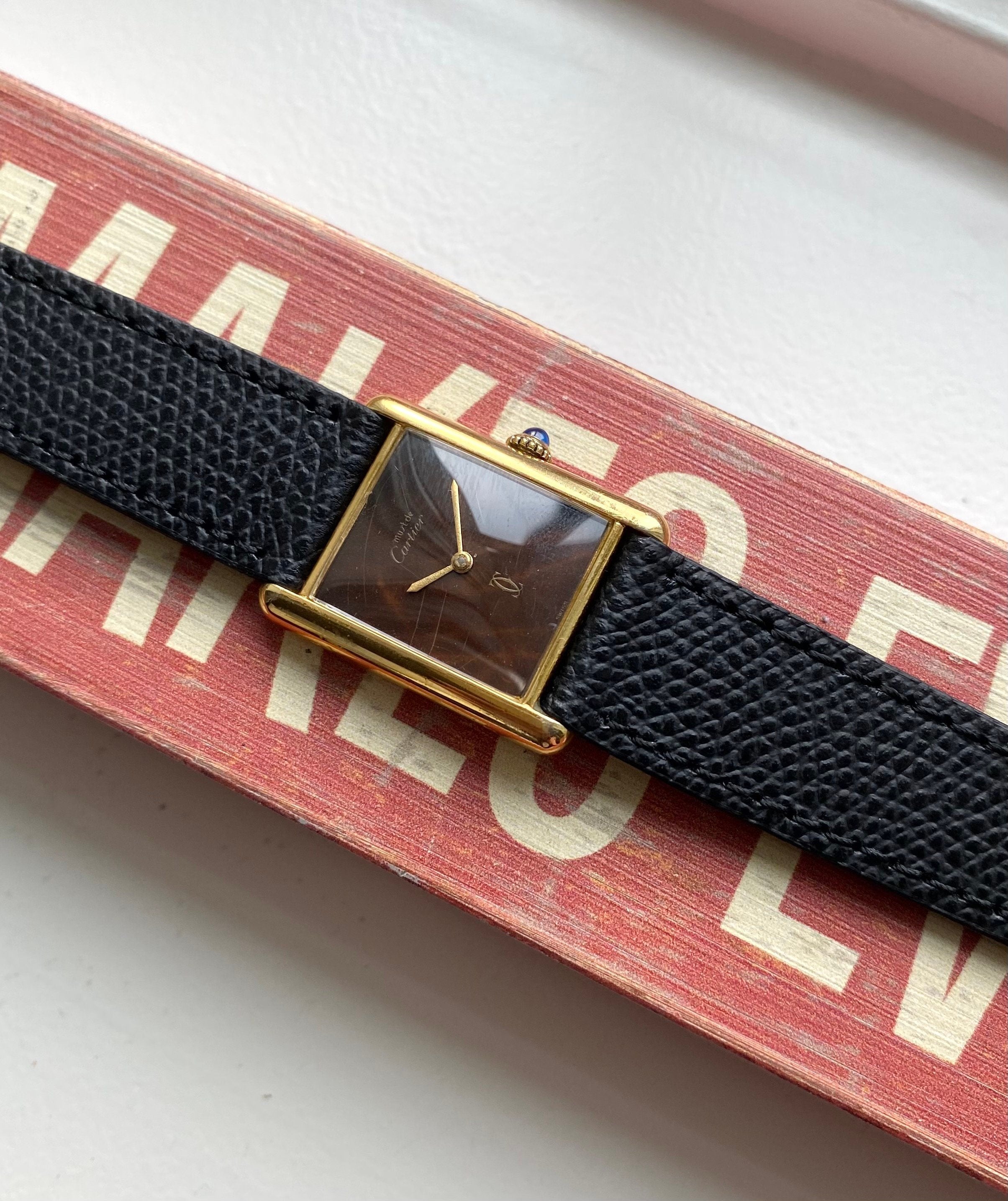 Vintage Cartier Tank Manual Wind Wood "Spider" Dial 18K Gold Electroplated Case
