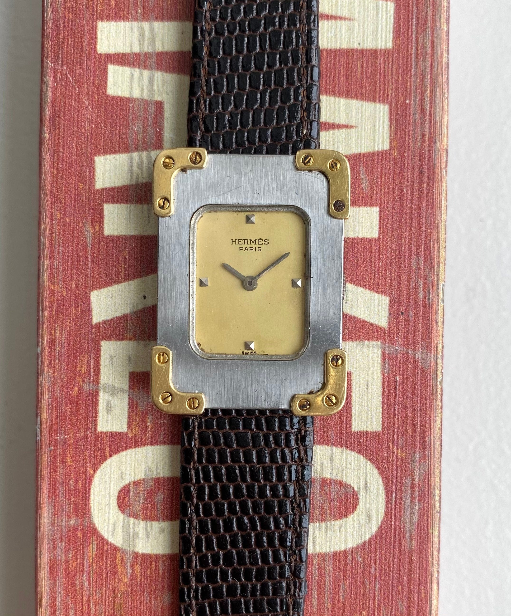 Vintage Hermes Tank 80s Tank Quartz Champagne Dial Two Tone Steel Case Watch