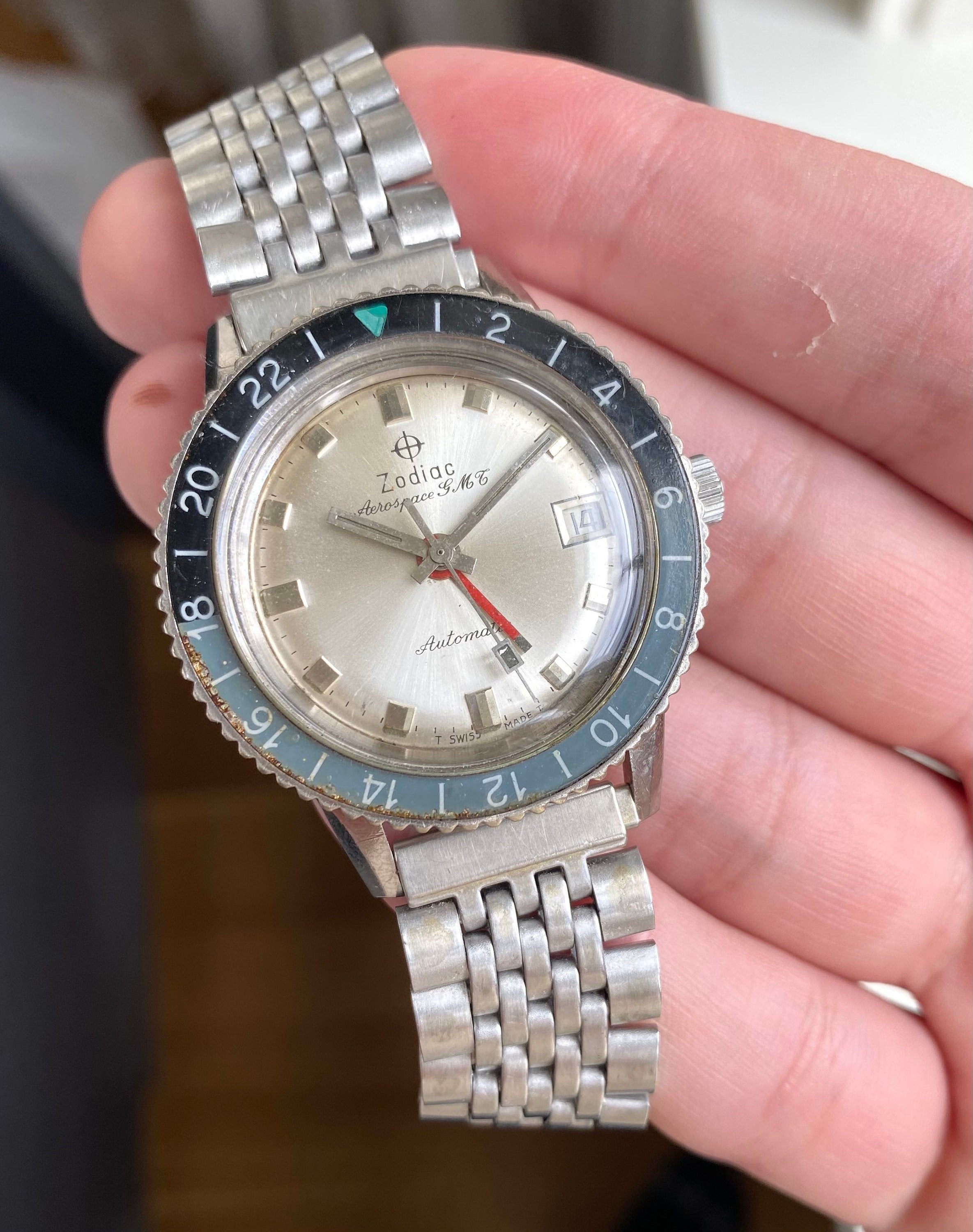 Vintage Zodiac 60s Aerospace GMT Automatic Blue Bezel Silver Dial Watch