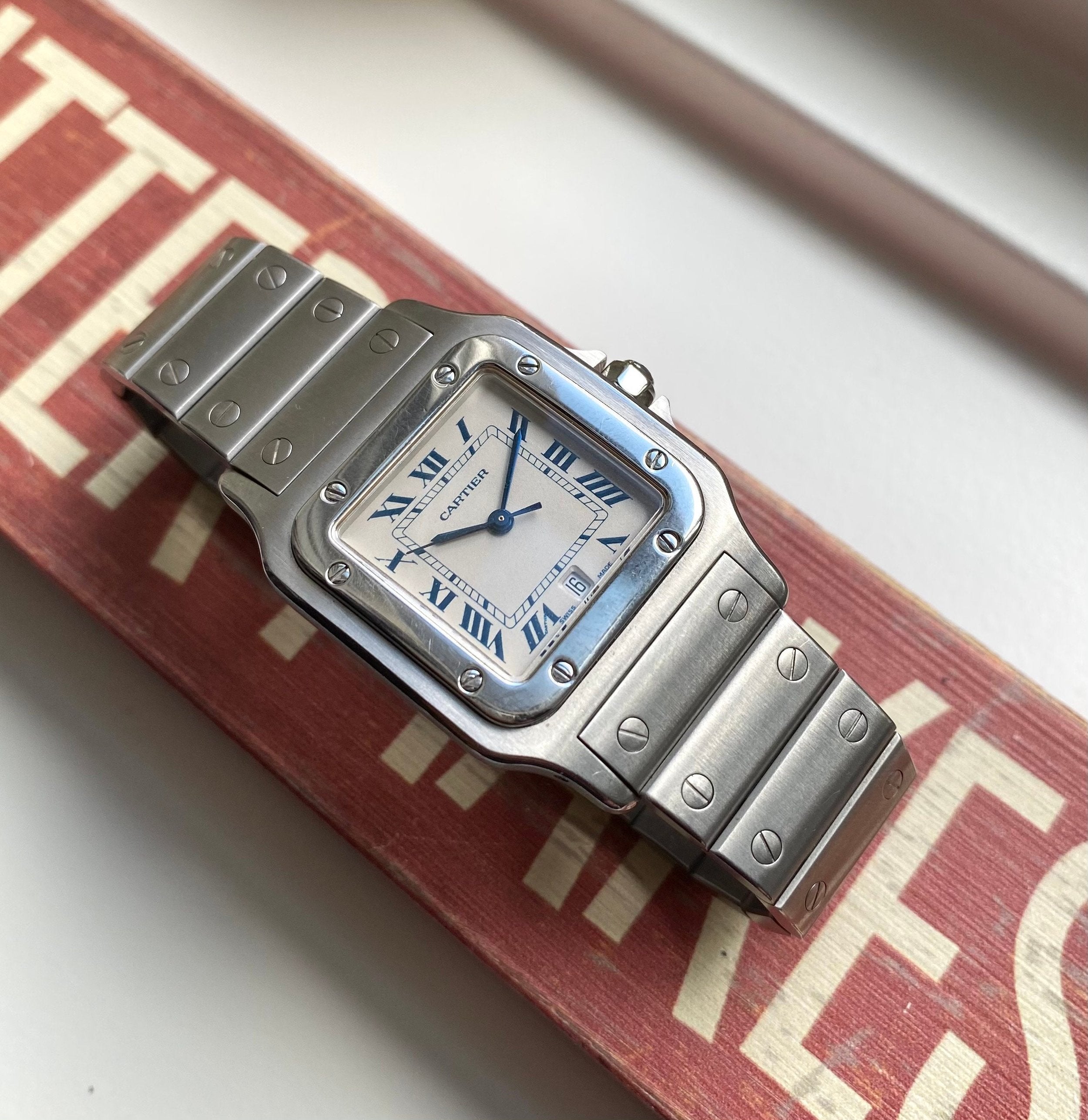 Vintage Cartier Santos Galbee 1564 Quartz White Roman Numeral Dial Steel Watch