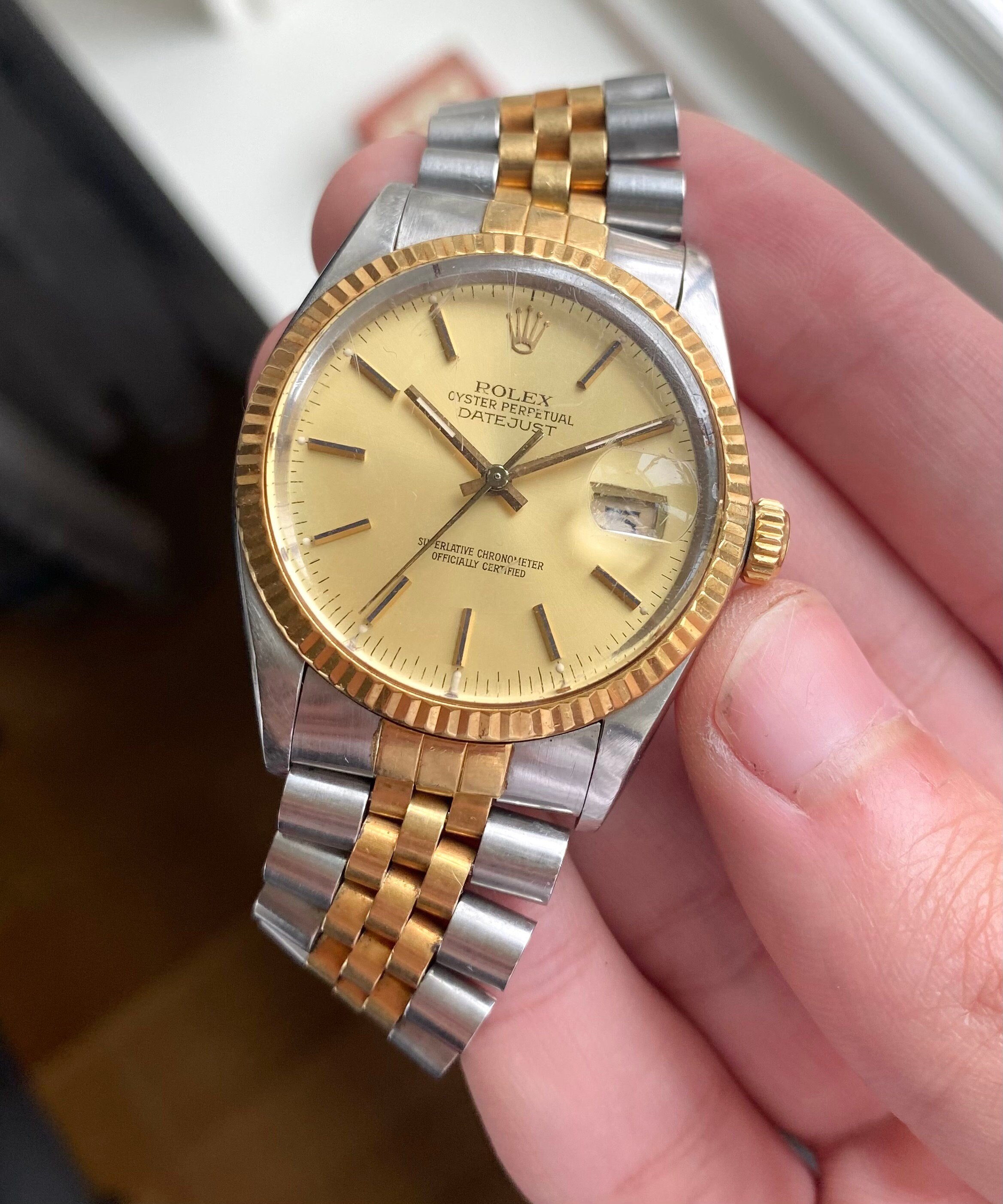 Rolex Datejust 80s Ref 16013 Automatic Gold Two Tone Champagne Dial 36mm Watch