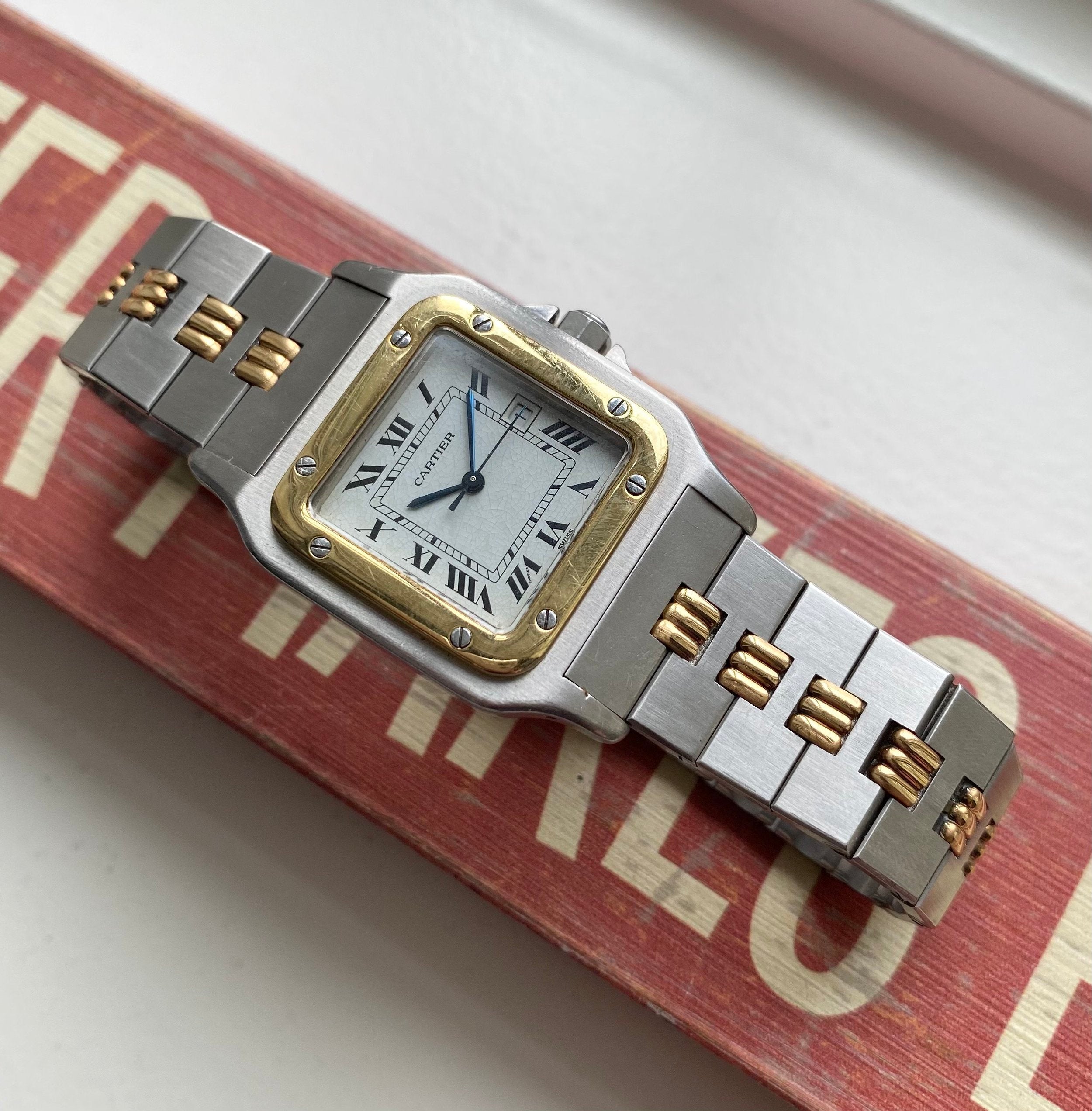 Vintage Cartier Santos 70s Automatic Two Tone White Roman Numeral Dial Watch