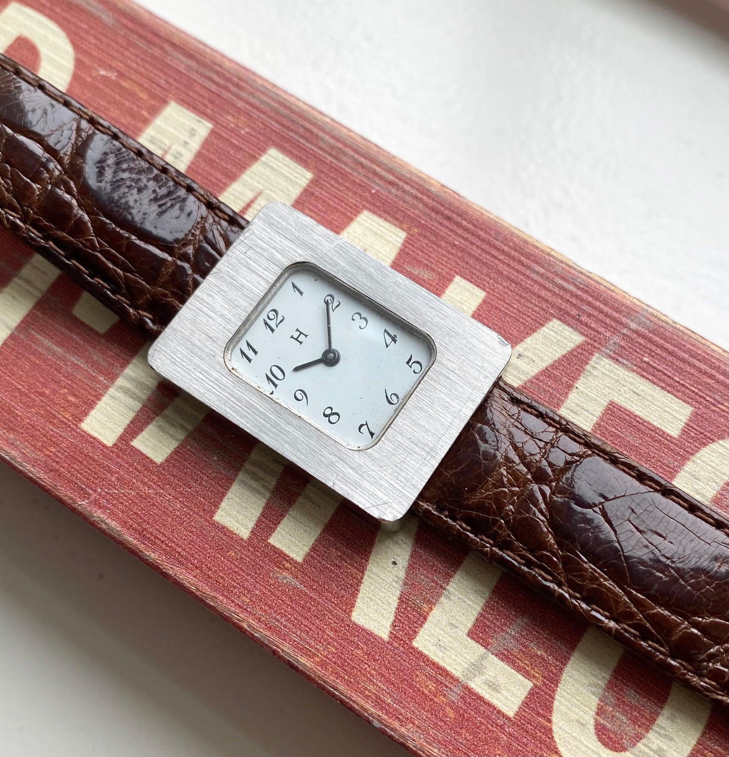 Vintage Hermes Tank 80s Tank Manual Wind White Arabic Numeral Dial Steel Watch