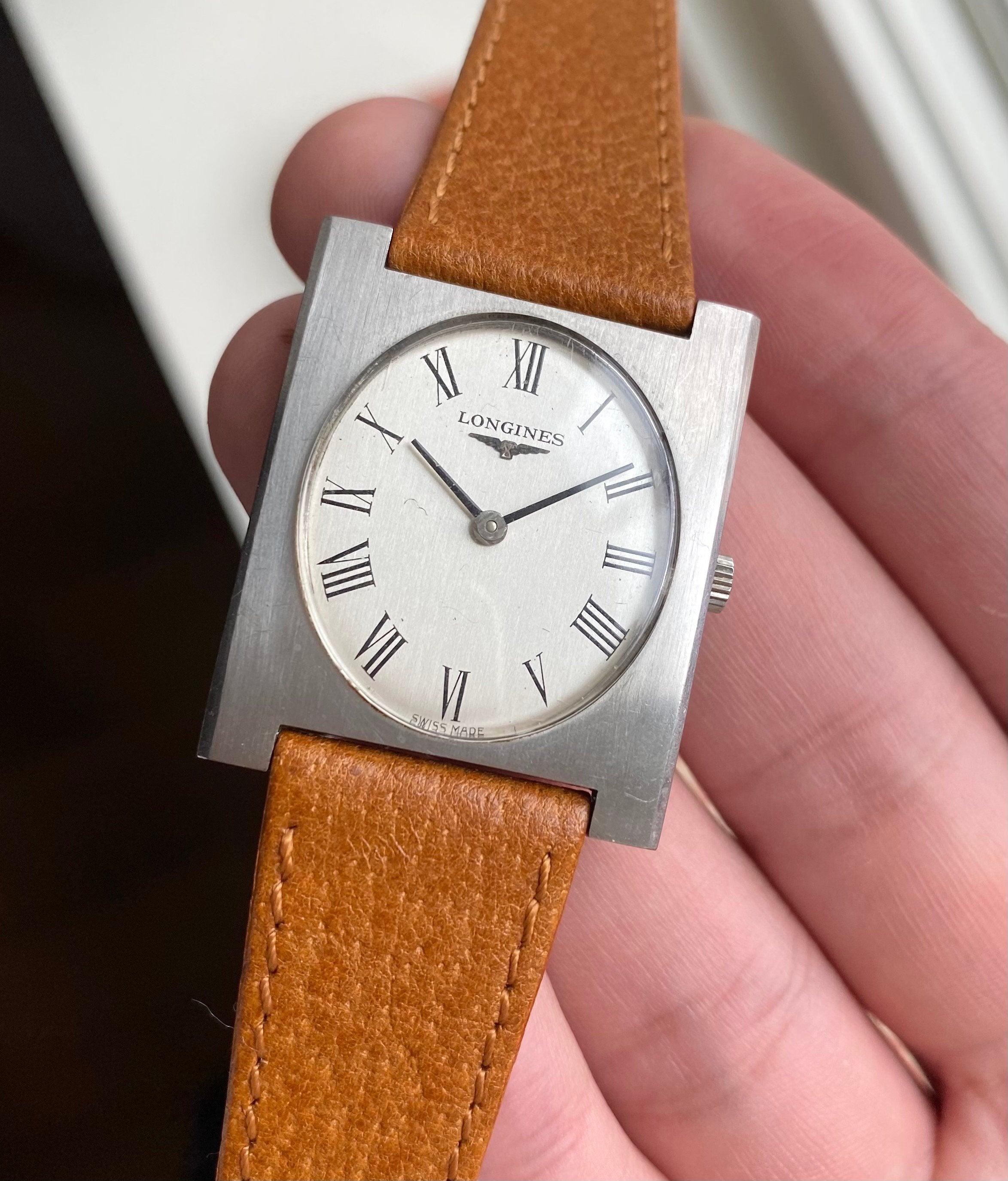 Vintage Longines Tank Manual Wind Silver Roman Numeral Dial Steel Case Watch