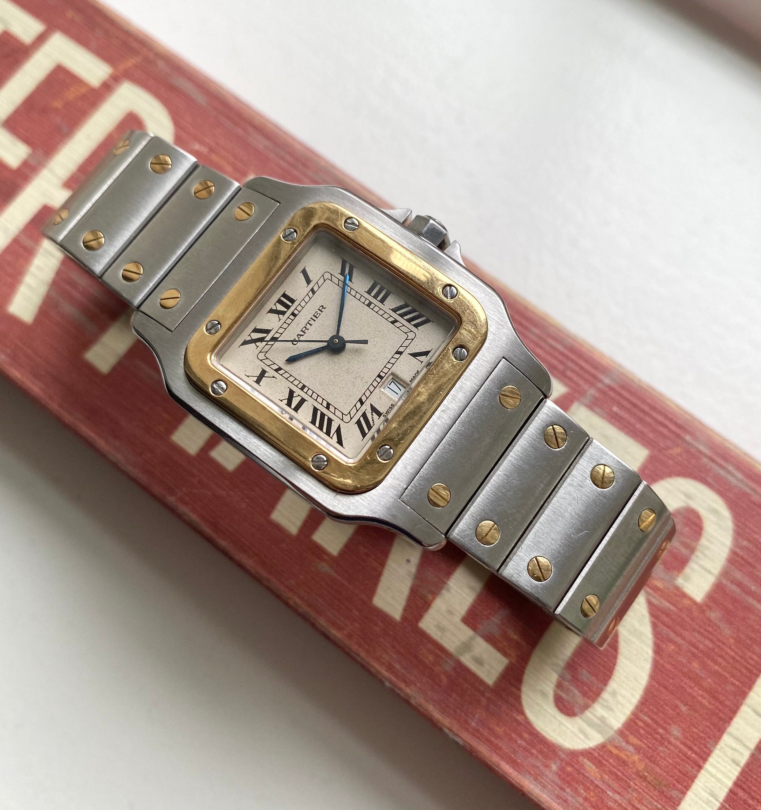Vintage Cartier Santos 80s Two Tone Quartz Roman Numeral Cream Dial Watch