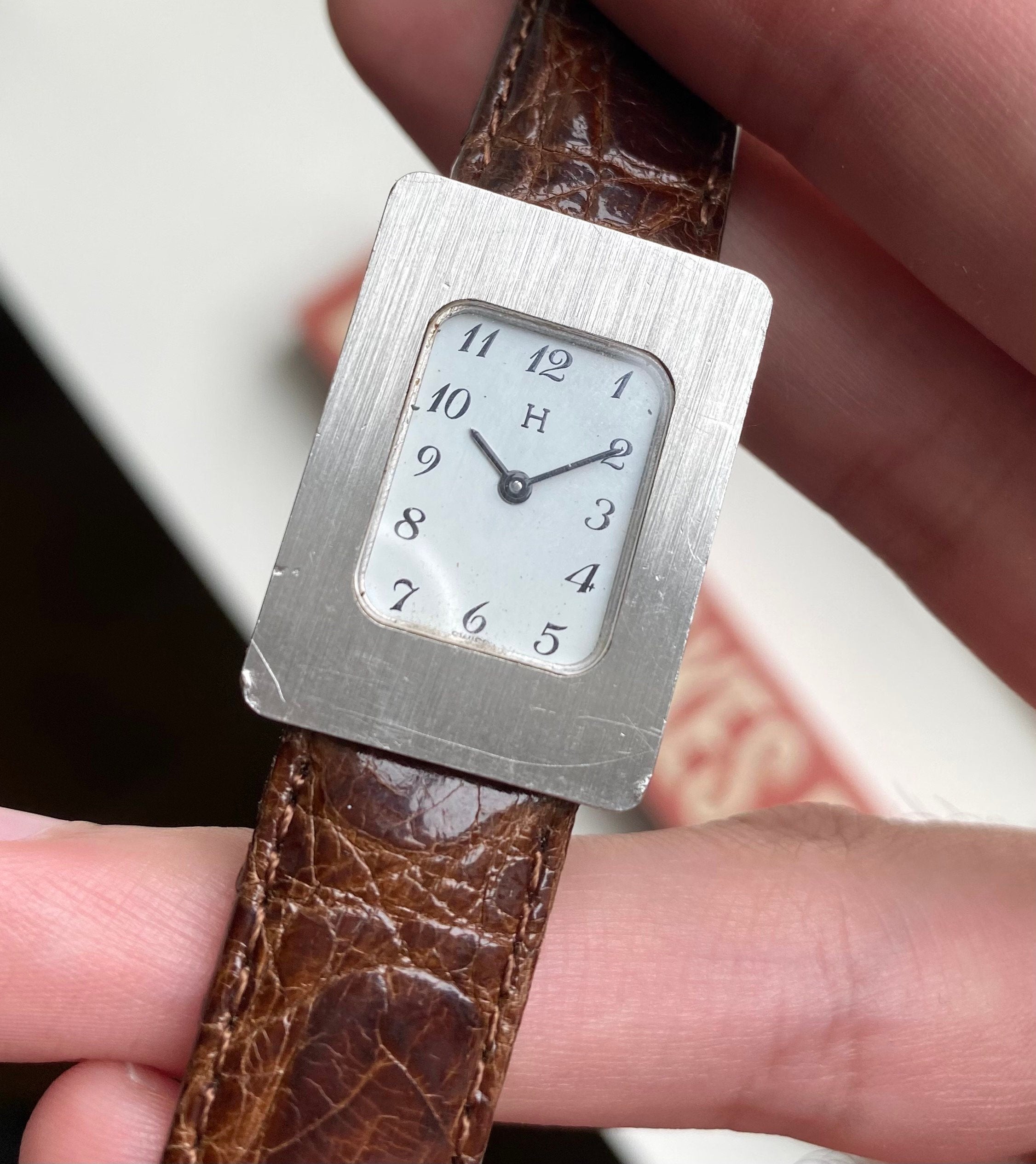 Vintage Hermes Tank 80s Tank Manual Wind White Arabic Numeral Dial Steel Watch