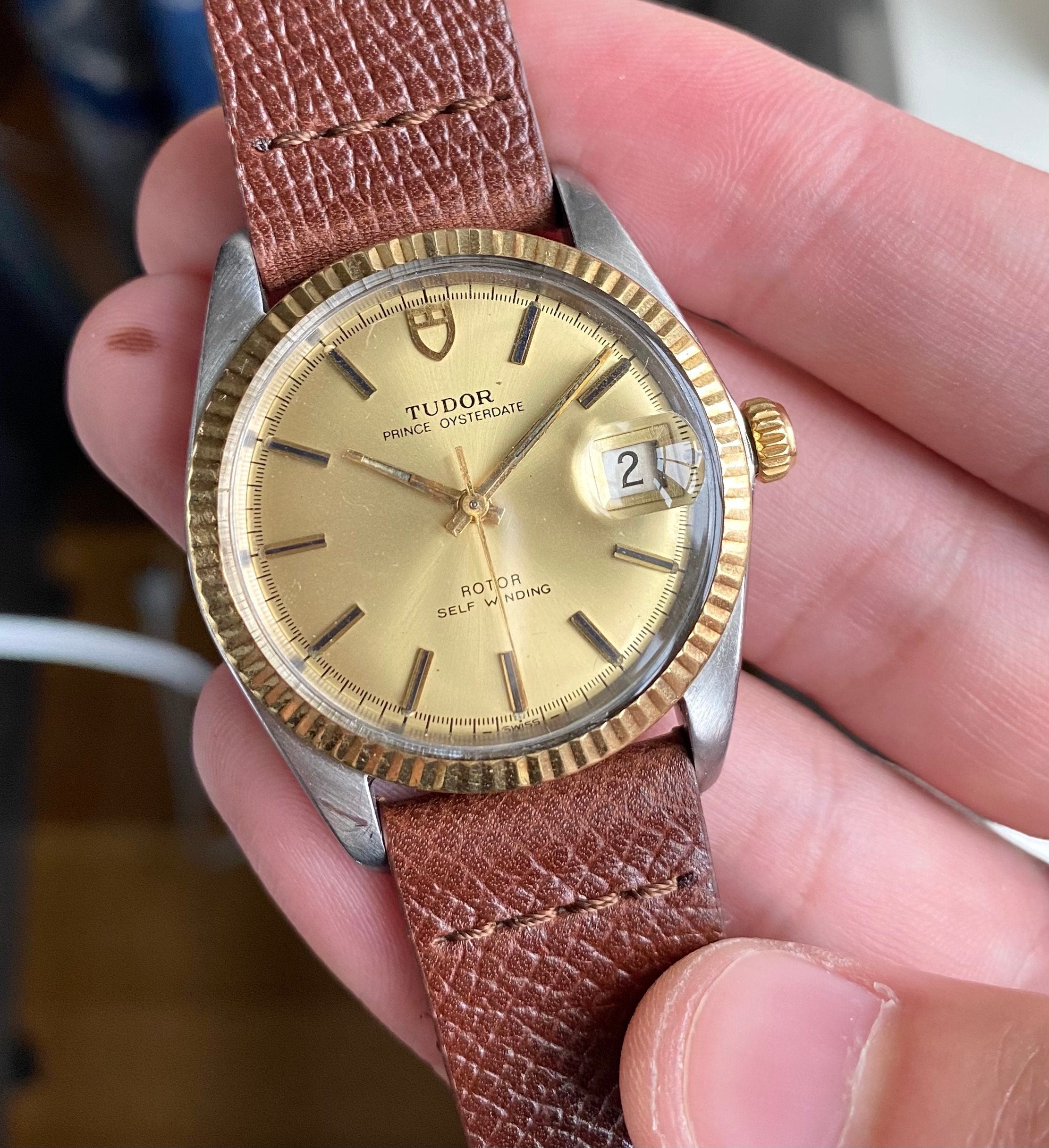 Vintage Tudor Prince Oysterdate Automatic Champagne Dial Quickset Two Tone Watch