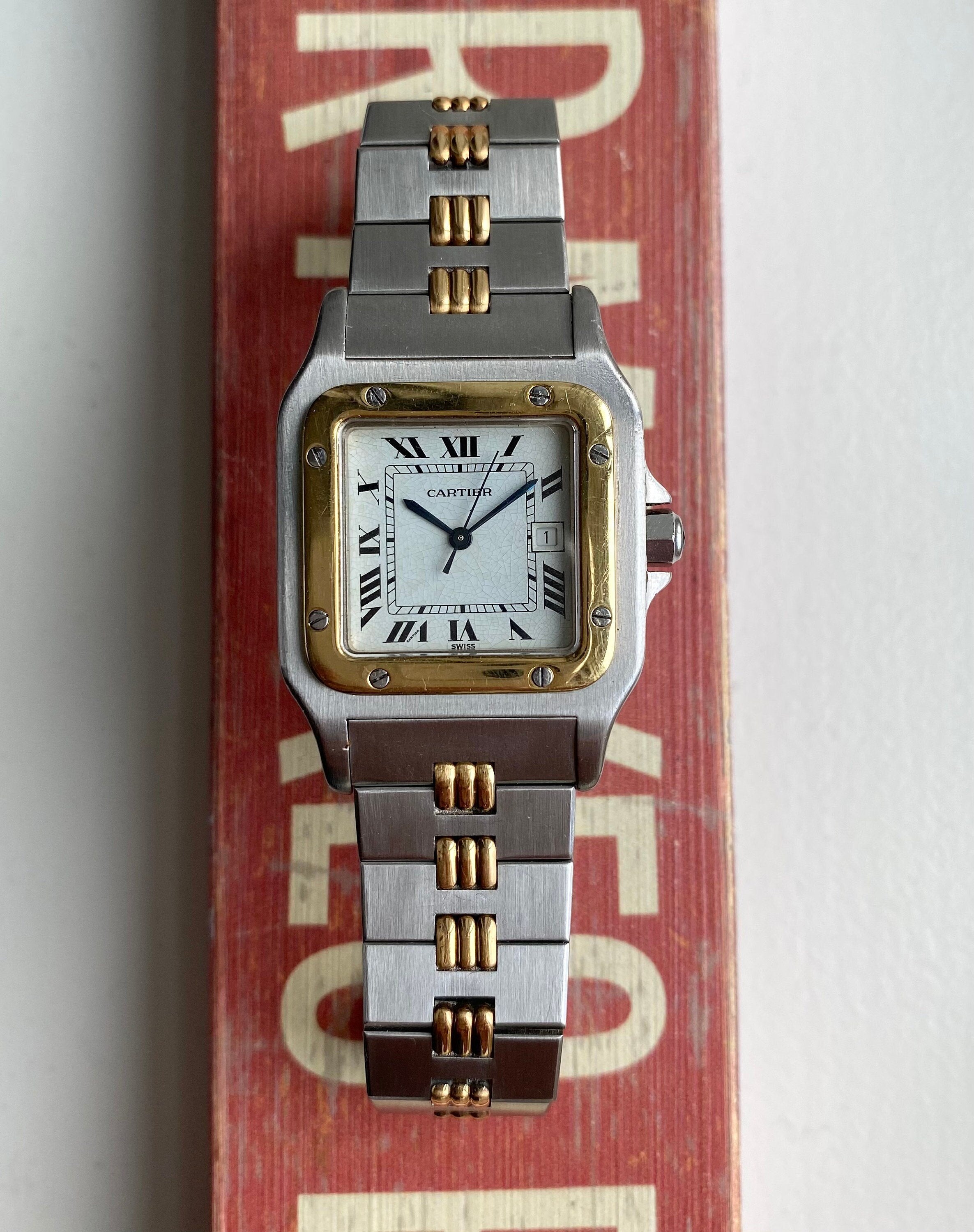 Vintage Cartier Santos 70s Automatic Two Tone White Roman Numeral Dial Watch