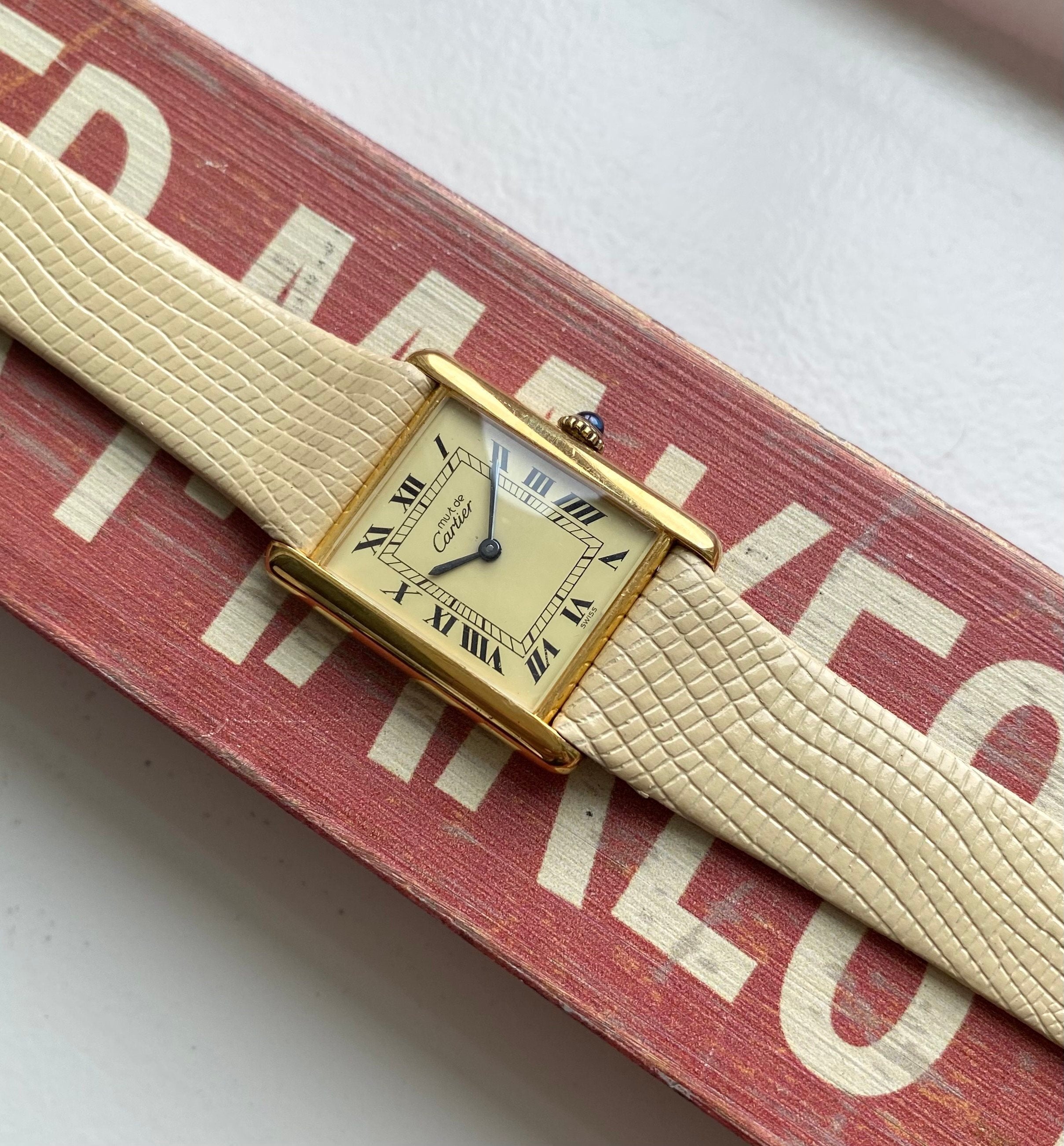 Vintage Cartier Tank Manual Wind Lemon Roman Numeral Dial 18K Electroplate Watch