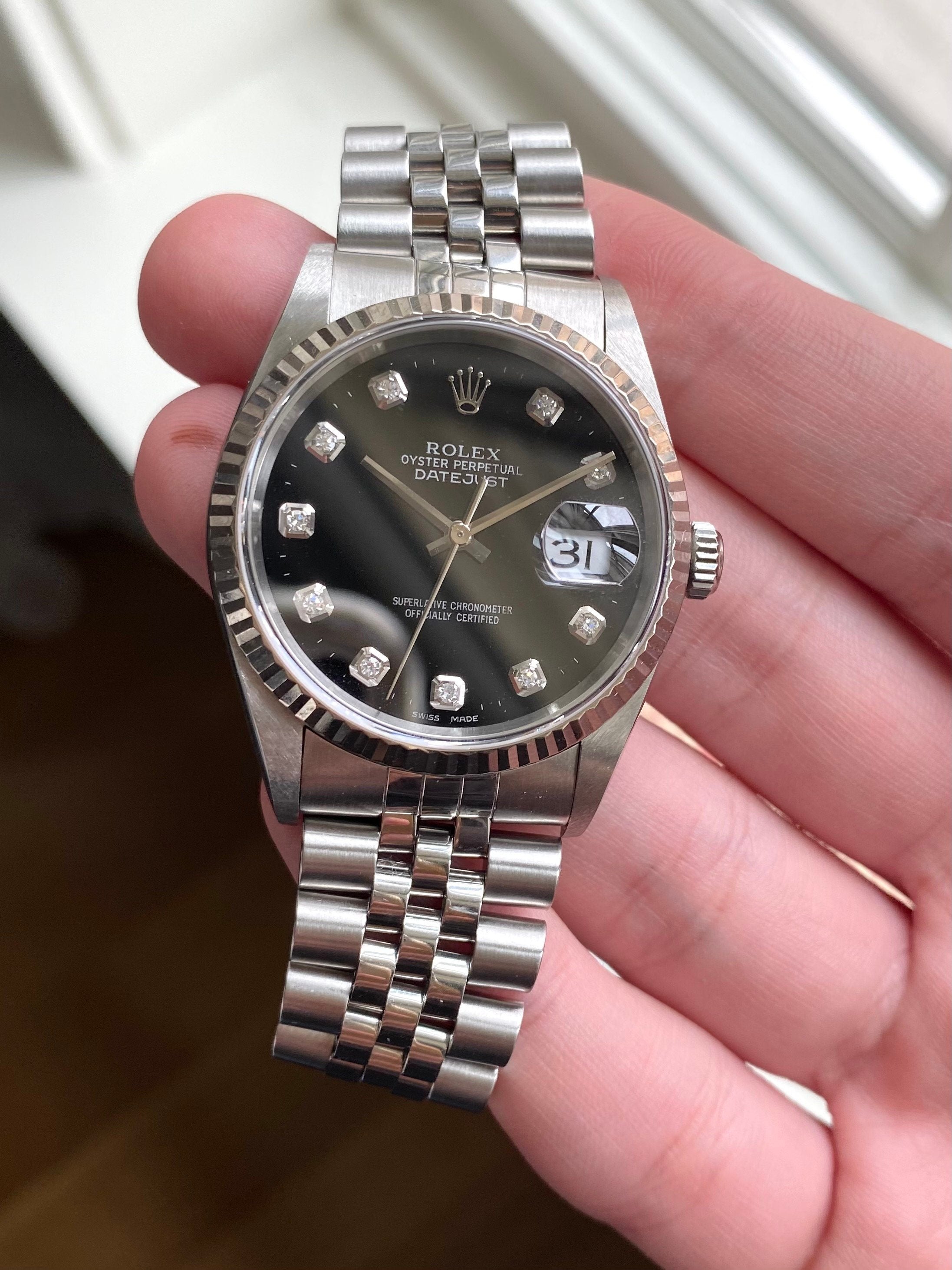 Rolex Datejust Ref 16234G 90s Factory Black Diamond Dial w/ Papers Watch