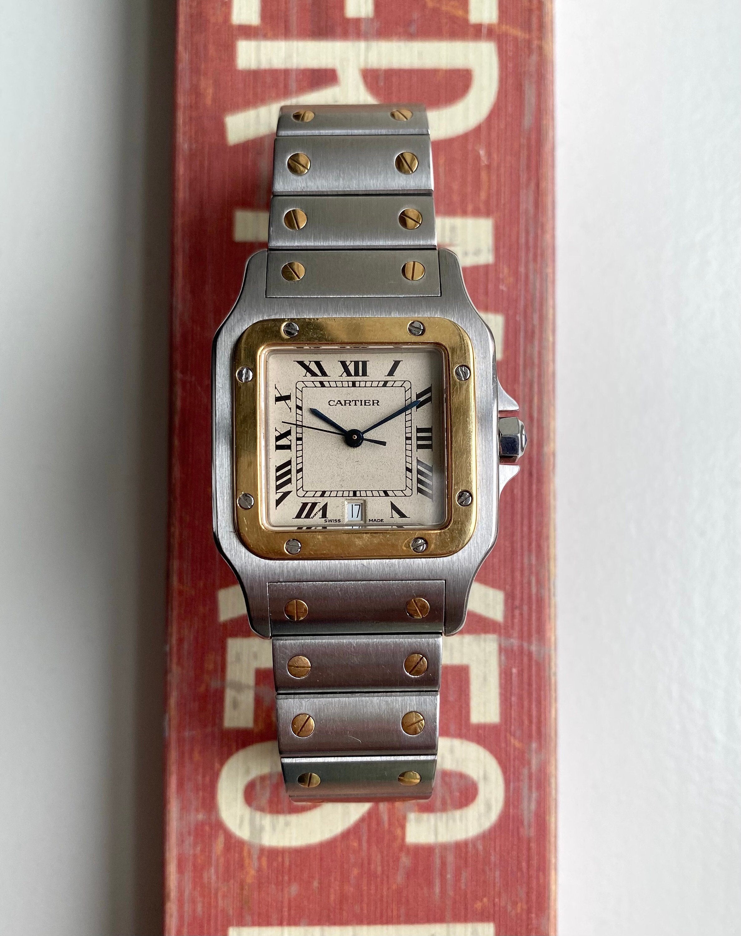 Vintage Cartier Santos 80s Two Tone Quartz Roman Numeral Cream Dial Watch