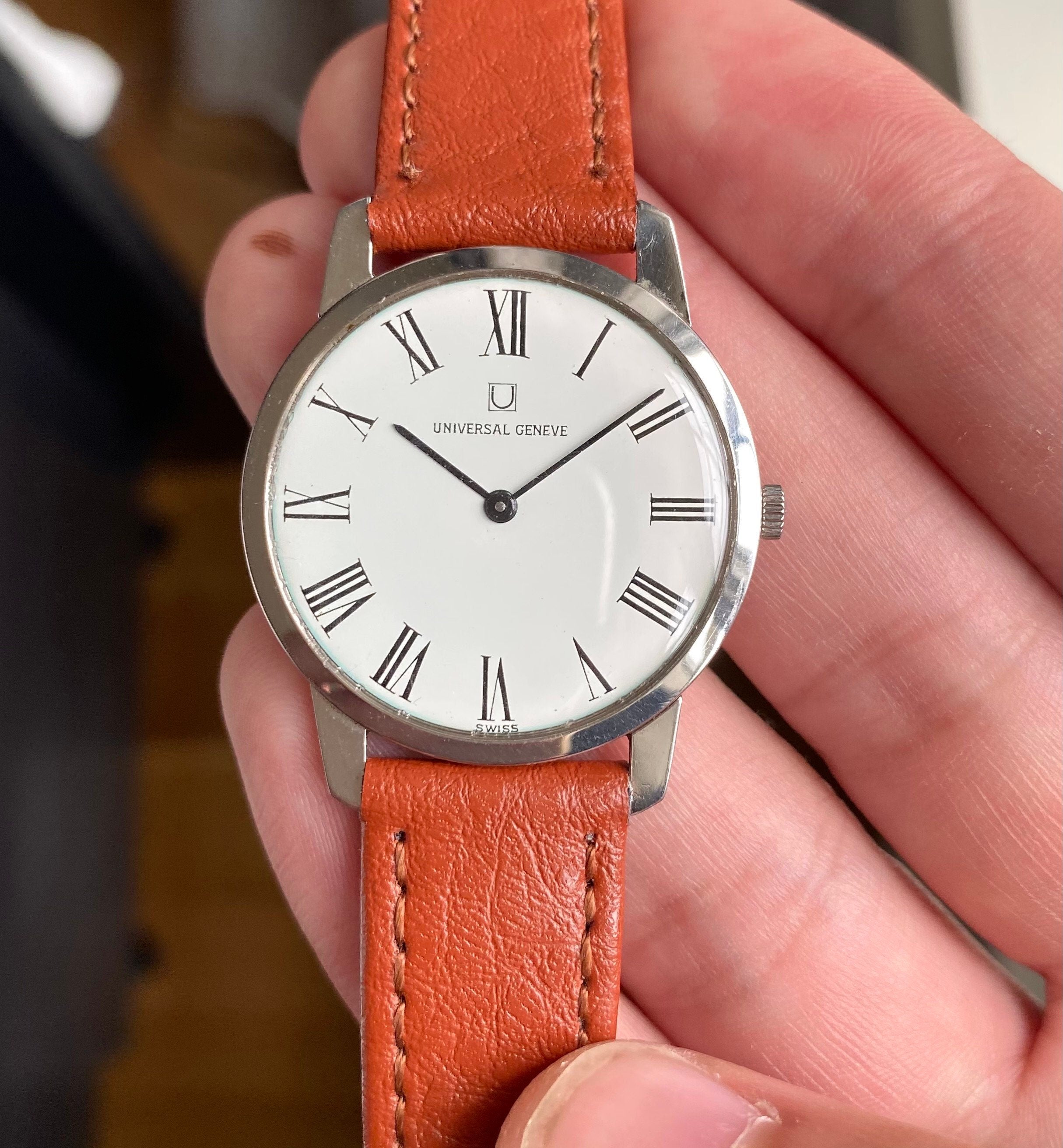 Vintage Universal Geneve Manual Wind White Roman Numeral Dial Steel Case Watch