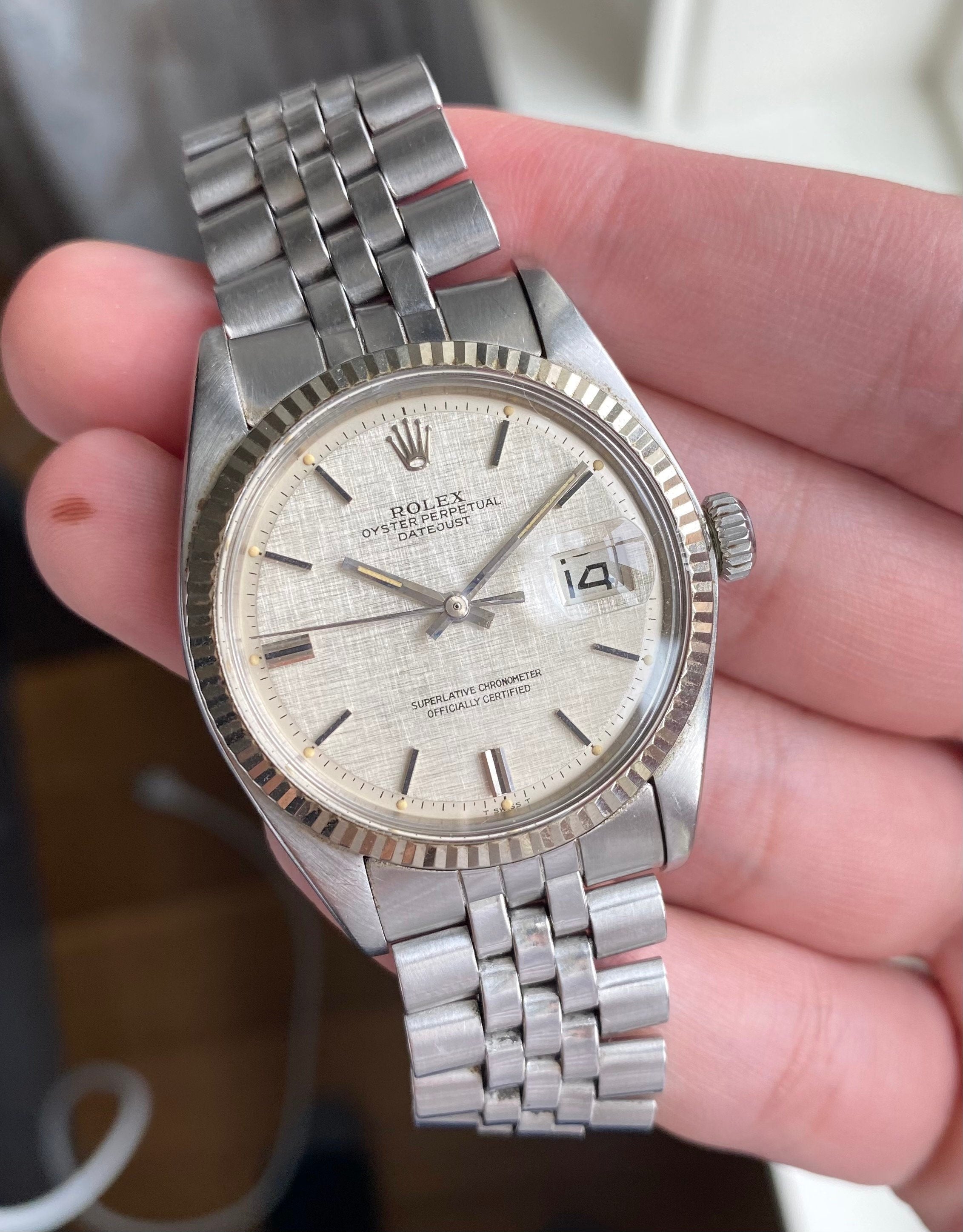 Vintage Rolex Datejust 1601 70s Automatic Silver Linen Dial Oyster Case Watch