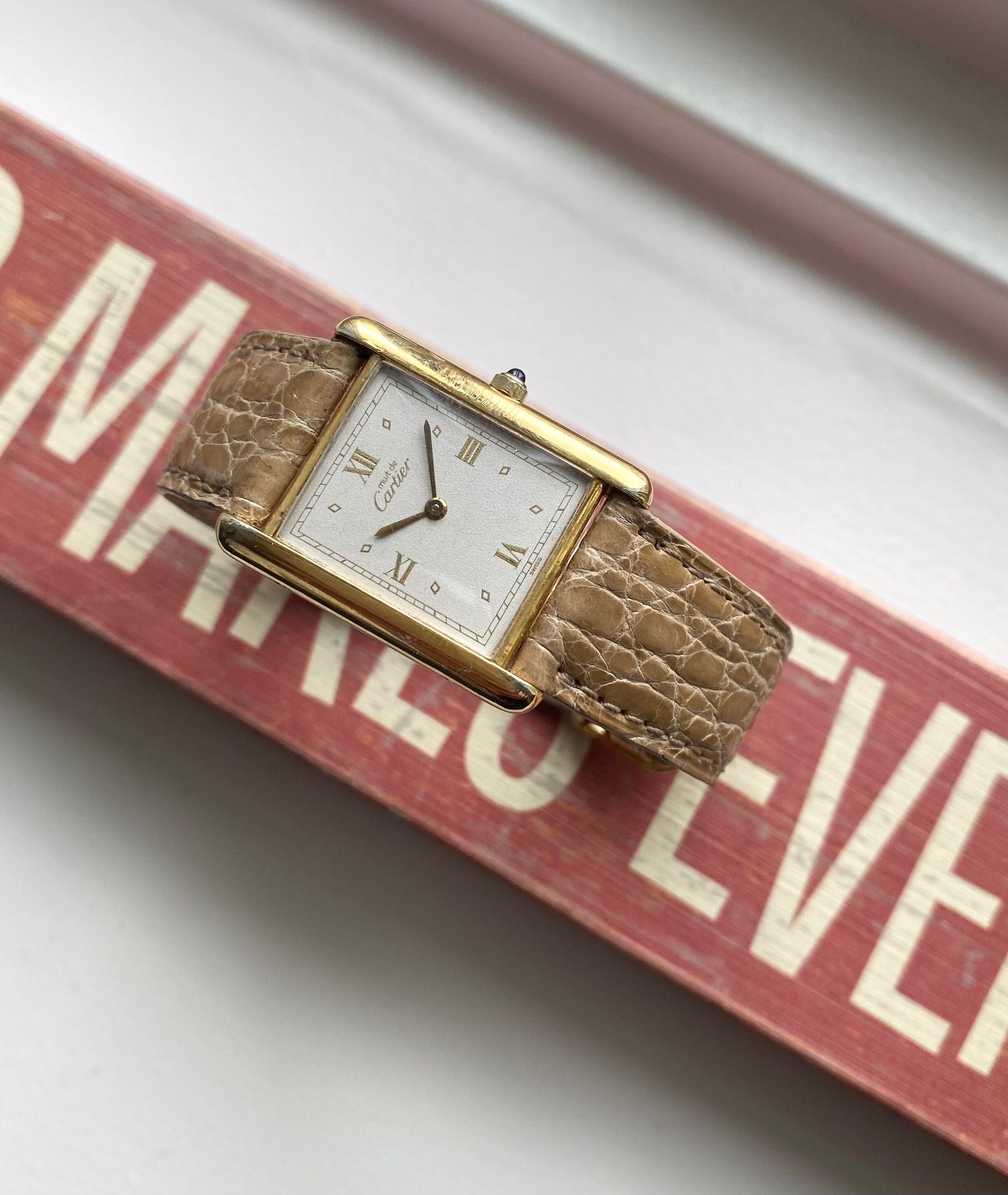 Cartier Tank 80s Quartz White Roman Dial 18K Gold Electroplated 23mm Case Watch