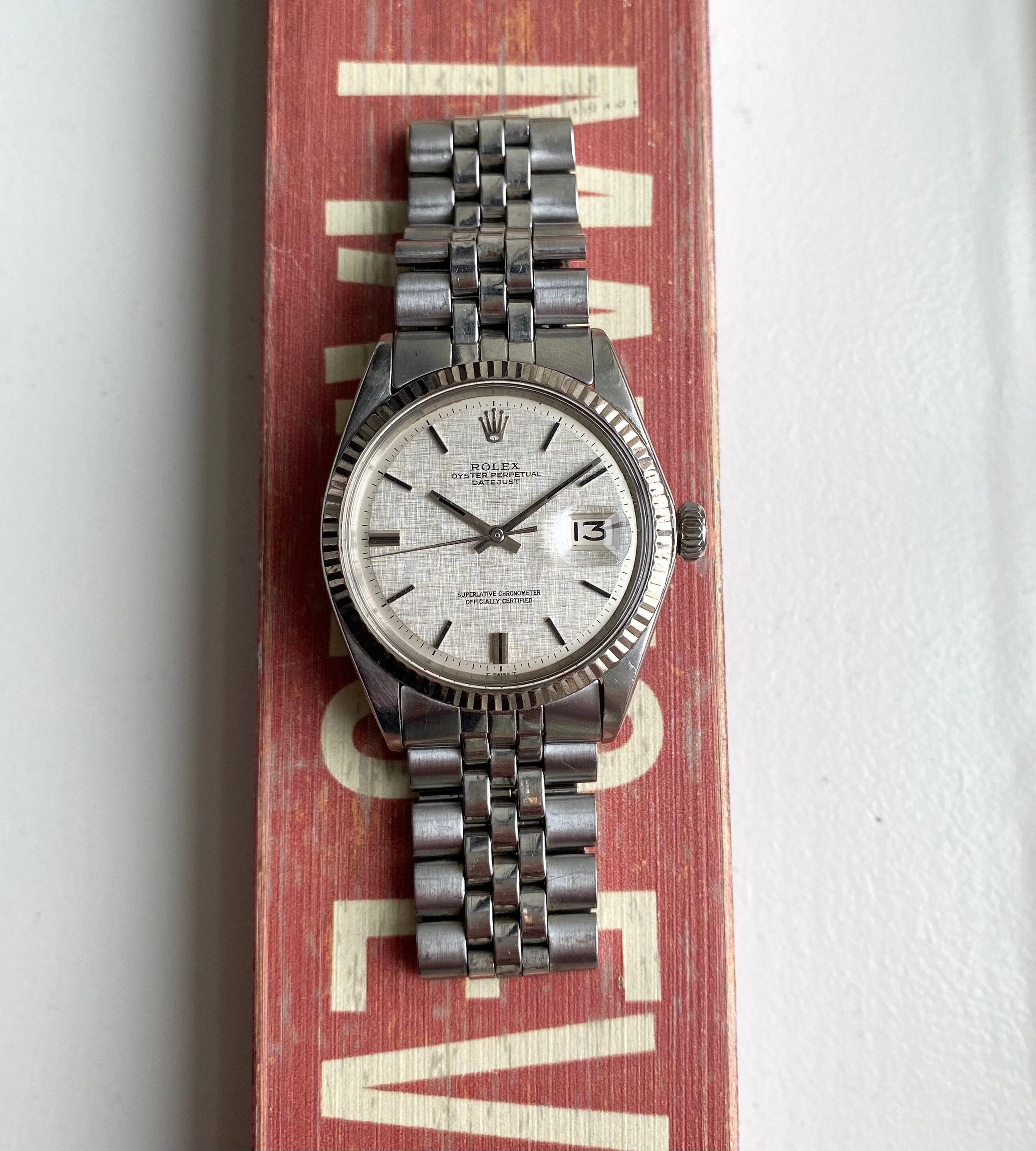 vintage Rolex Datejust 1601 70s Automatic Silver No Lume Linen Dial 36mm Watch