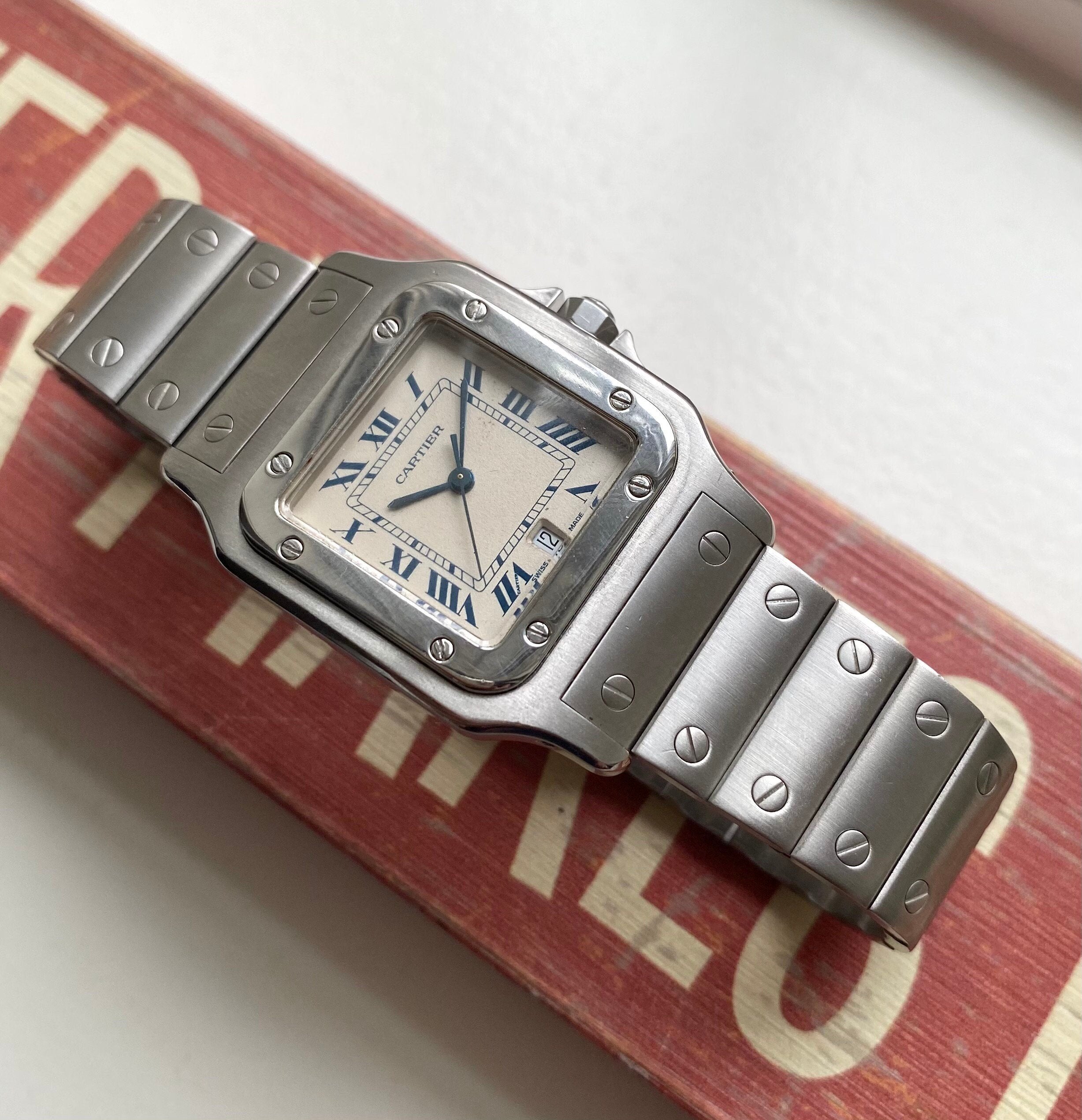 Vintage Cartier Santos Galbee Quartz White Roman Numeral Dial Steel Case Watch