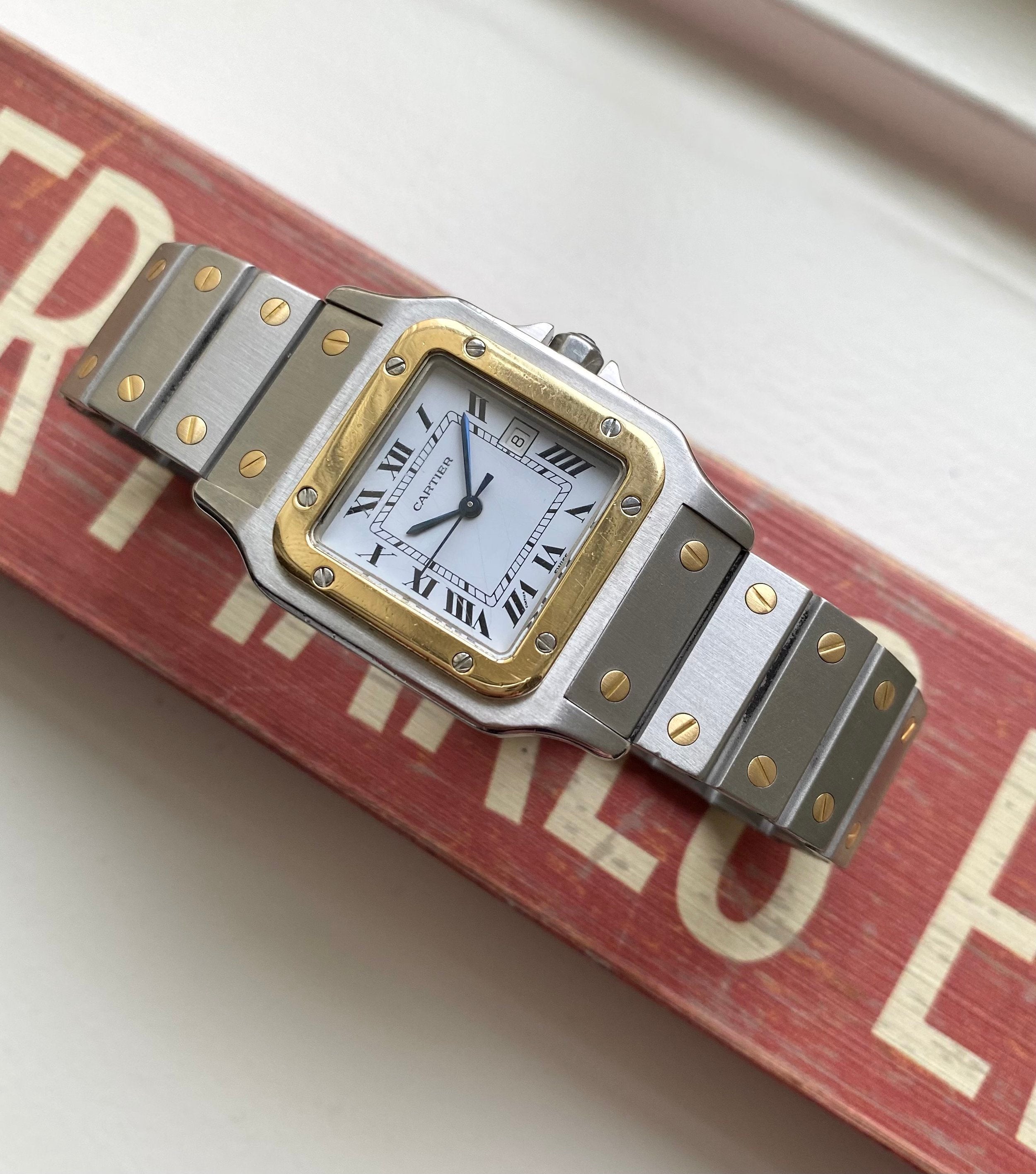 Cartier Santos 80s Automatic Two Tone White Roman Numeral Dial Steel Watch