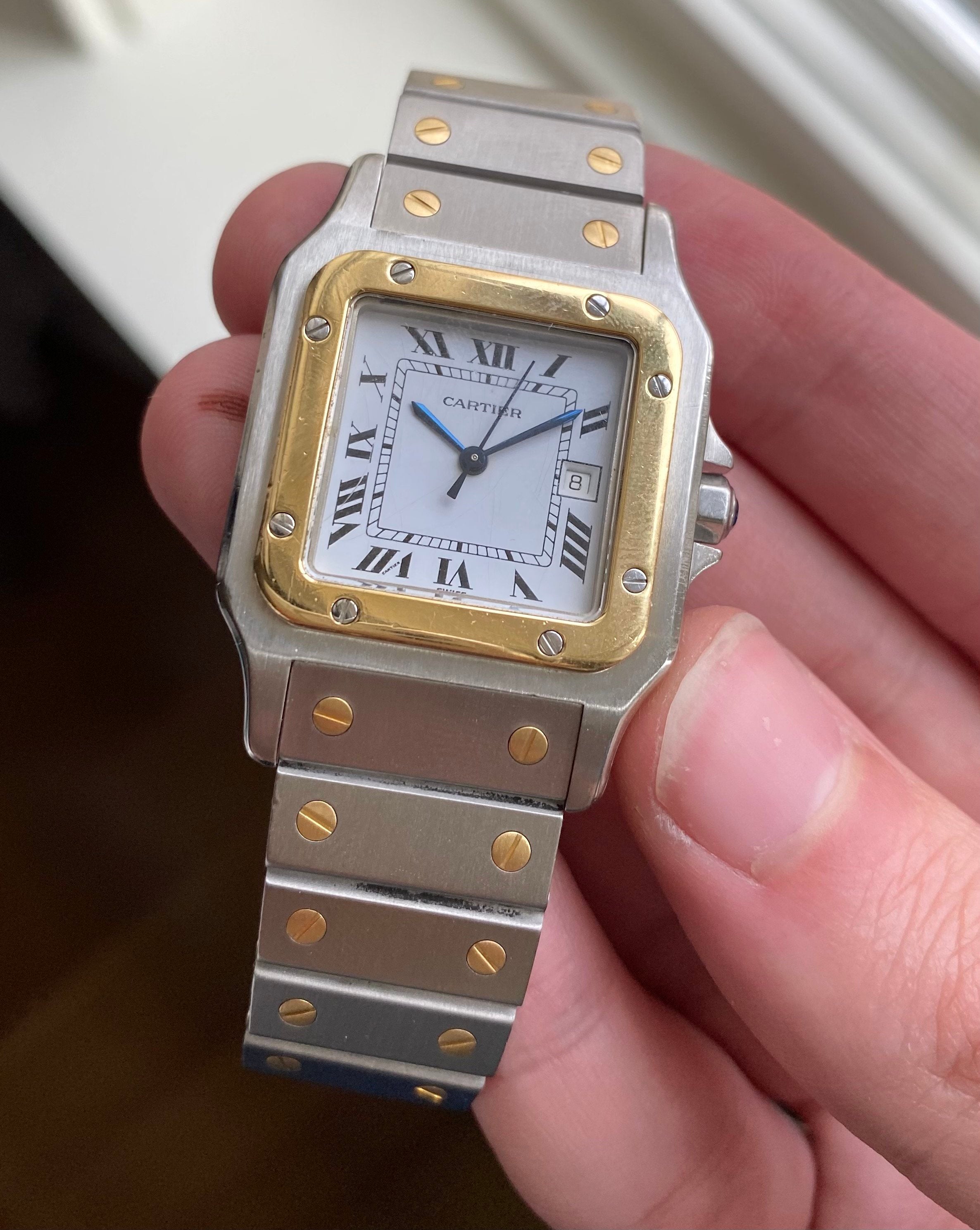Cartier Santos 80s Automatic Two Tone White Roman Numeral Dial Steel Watch