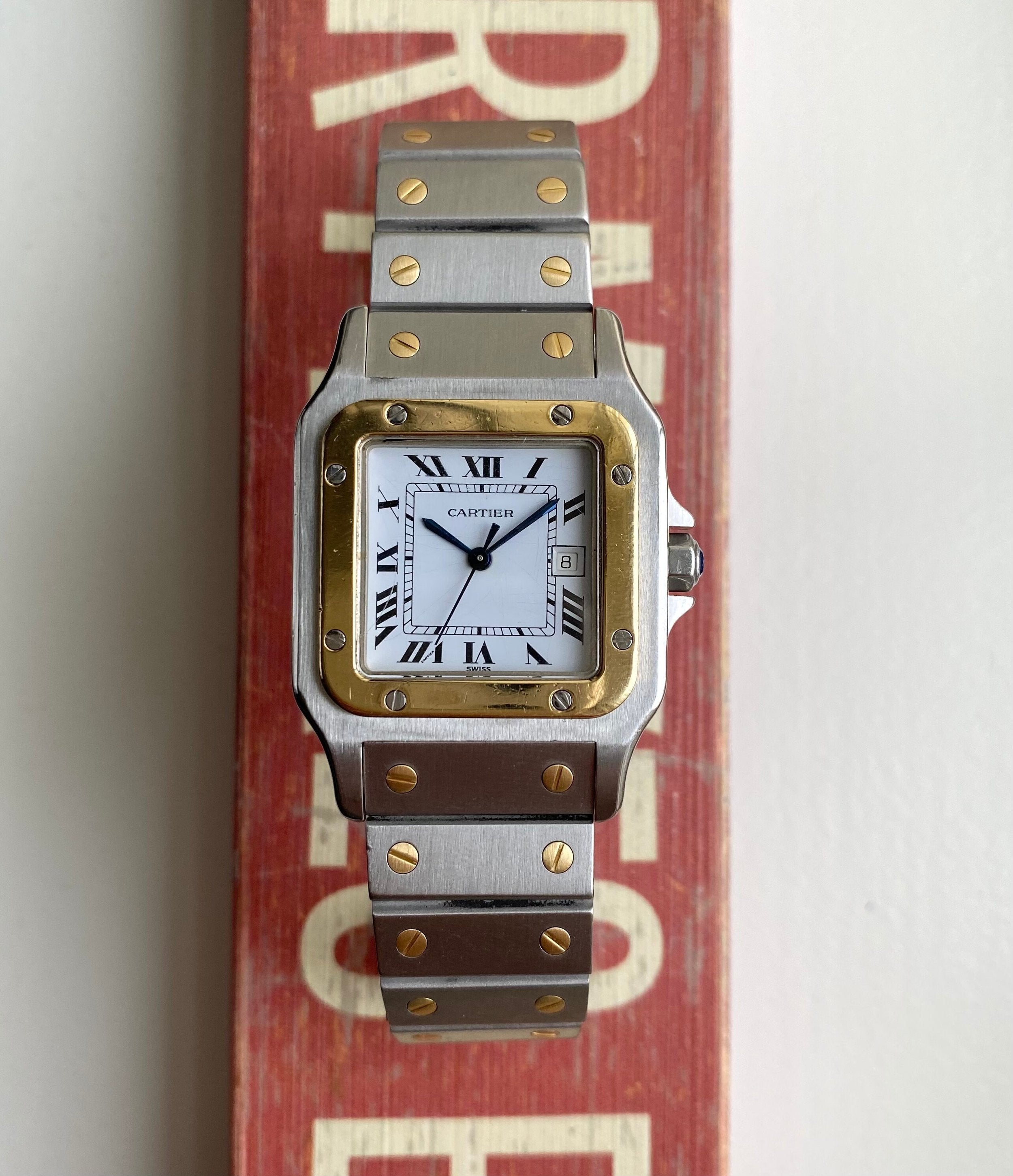 Cartier Santos 80s Automatic Two Tone White Roman Numeral Dial Steel Watch