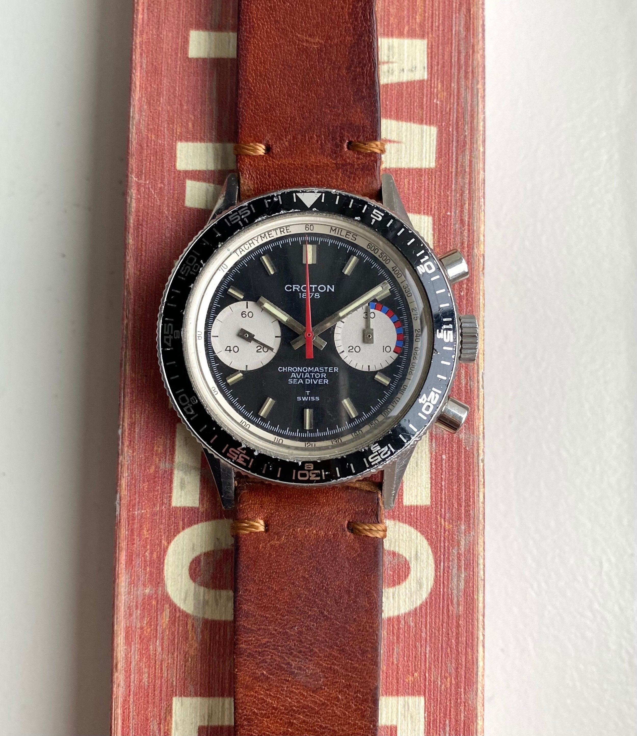 Vintage Croton Chronomaster Aviator Chronograph 70s Manual Wind Black Dial Steel Watch