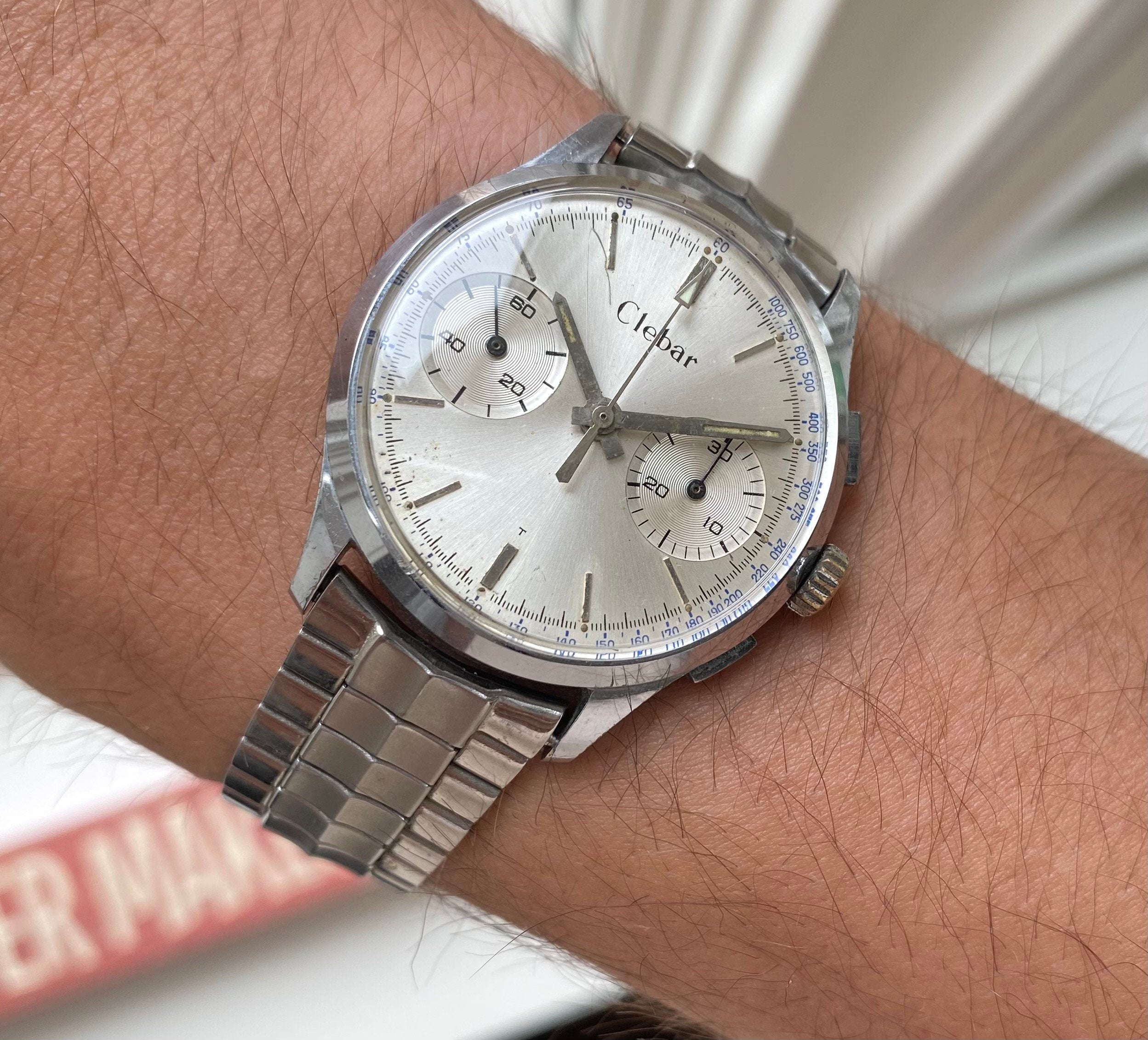 Vintage Clebar Chronograph Manual Wind Landeron 248 Silver Dial Chrome Watch