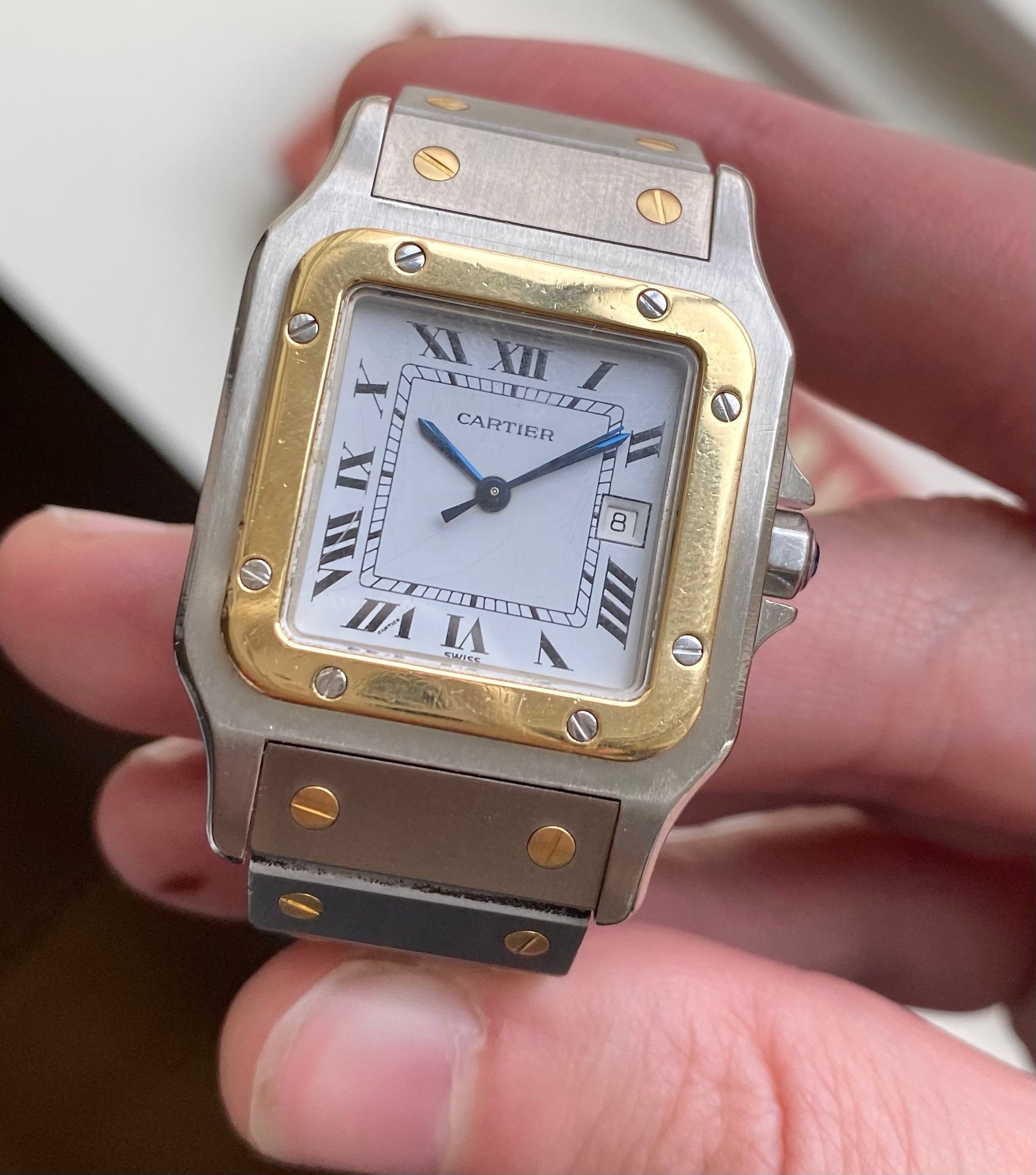 Cartier Santos 80s Automatic Two Tone White Roman Numeral Dial Steel Watch