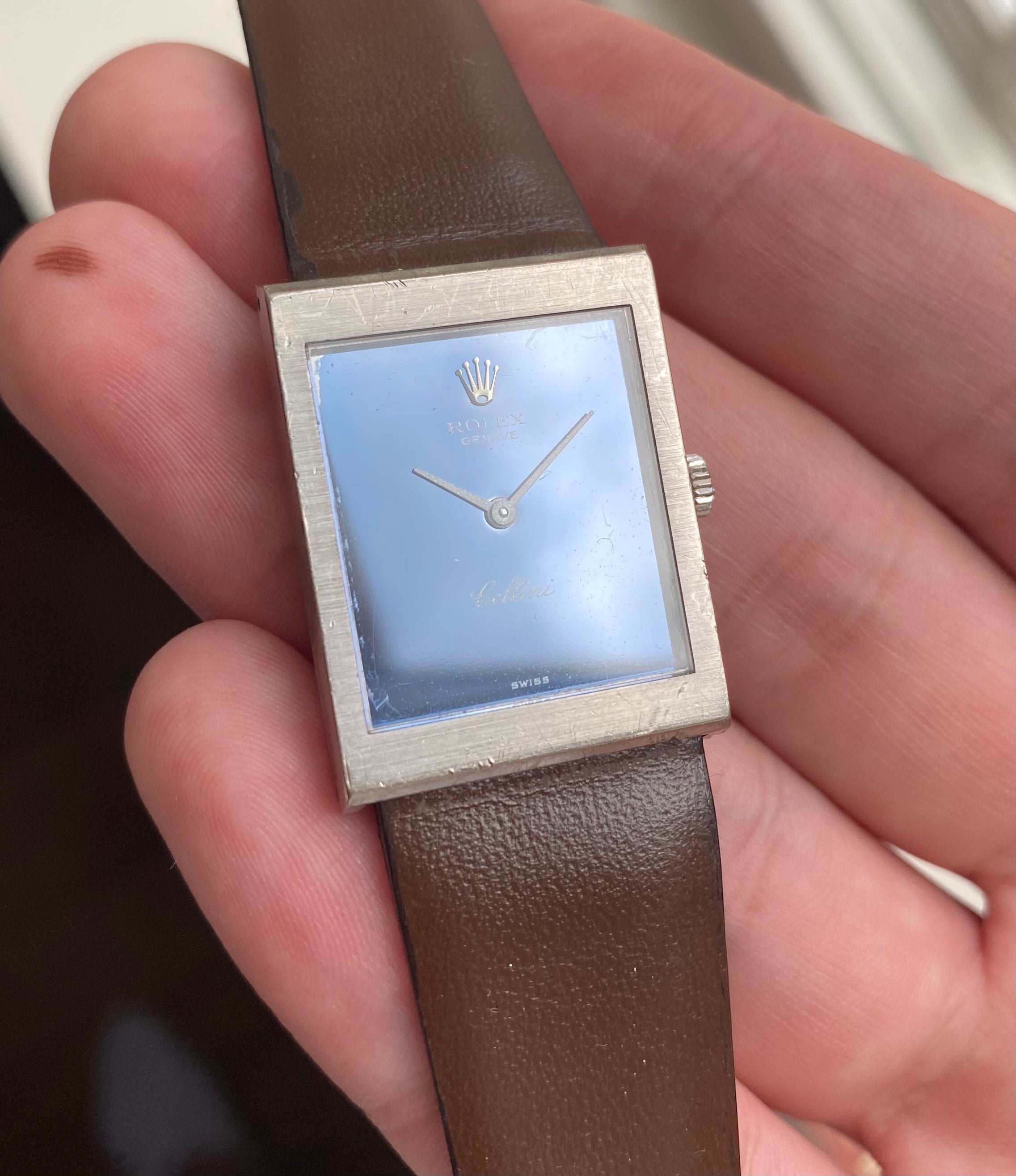 Vintage Rolex Cellini 70s 18K White Gold Tank Manual Wind Blue Mirror Dial Watch