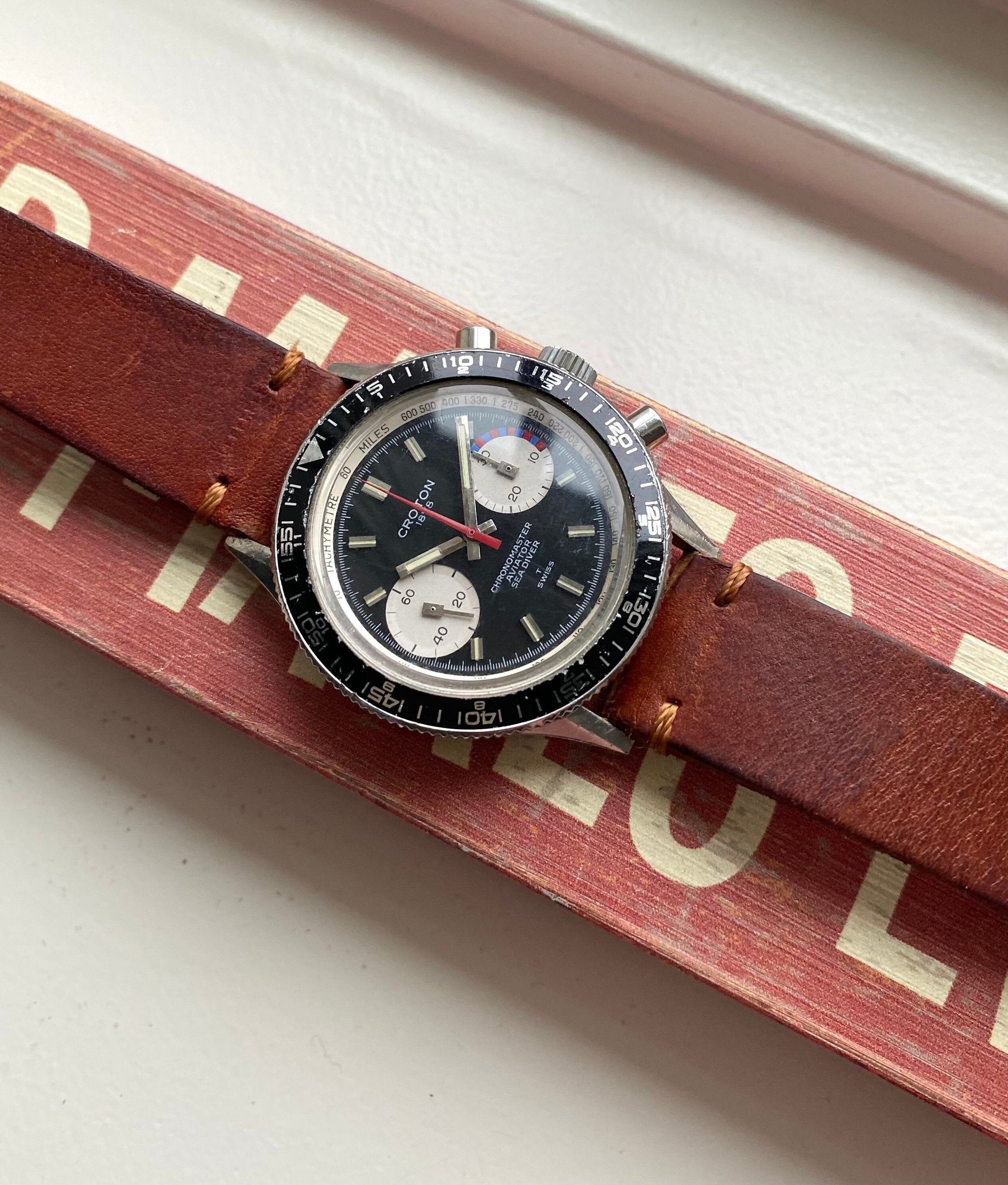 Vintage Croton Chronomaster Aviator Chronograph 70s Manual Wind Black Dial Steel Watch