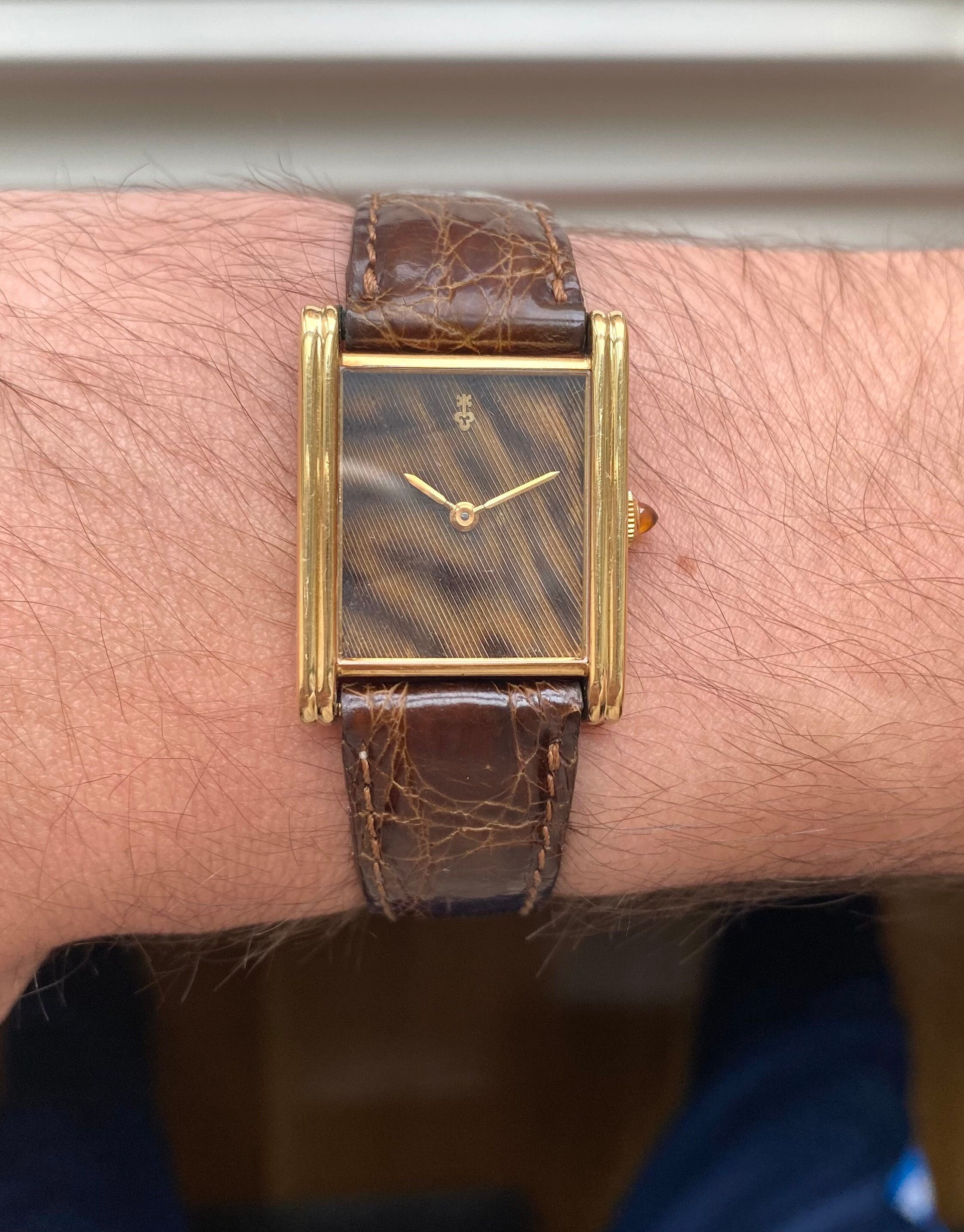 Vintage Corum Tank Manual Wind Leopard Stripe Texture Dial 18K Yellow Gold Watch