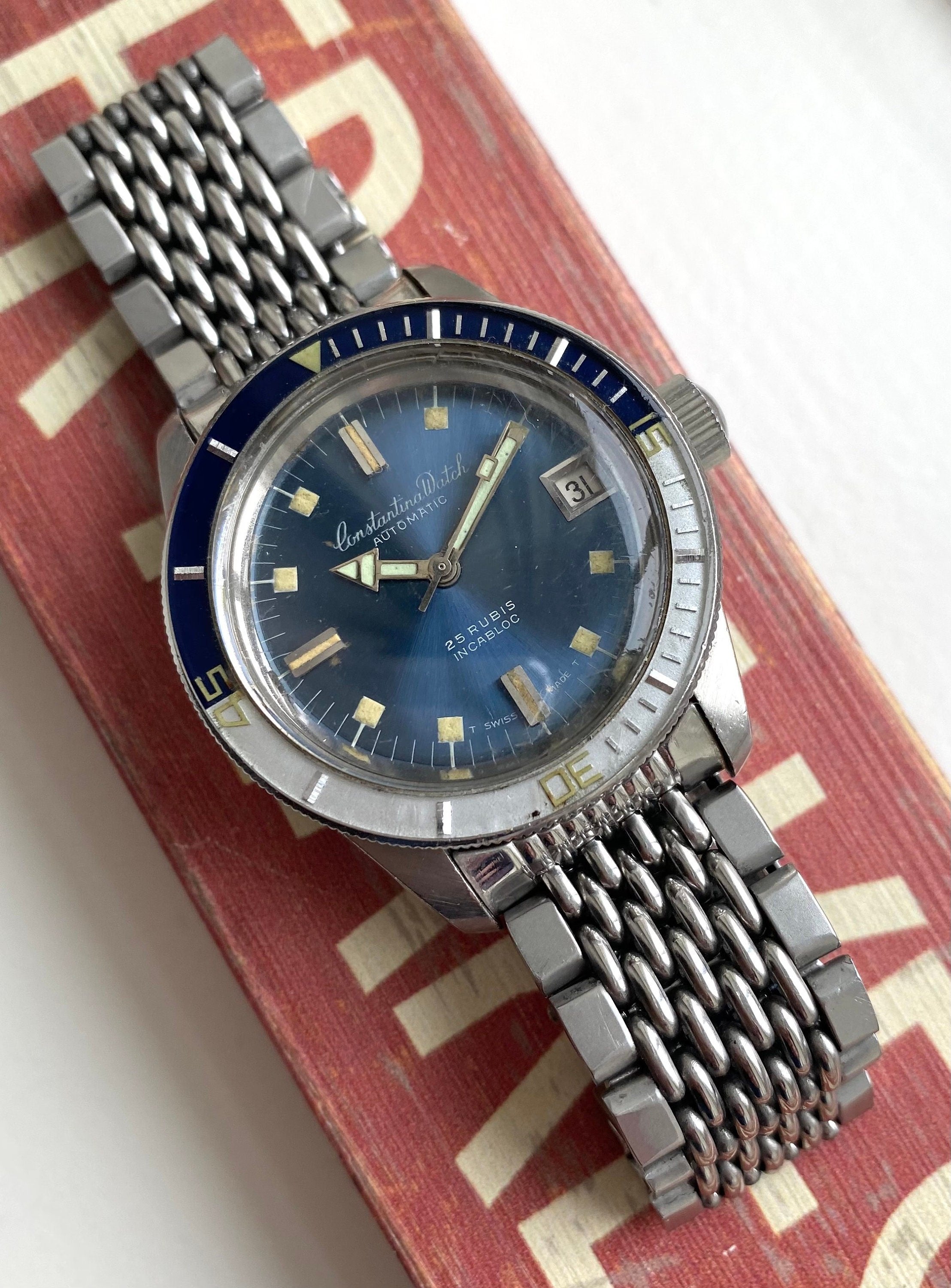Vintage Constantina Diver Automatic Blue Dial Bakelite Bezel Steel Case Watch