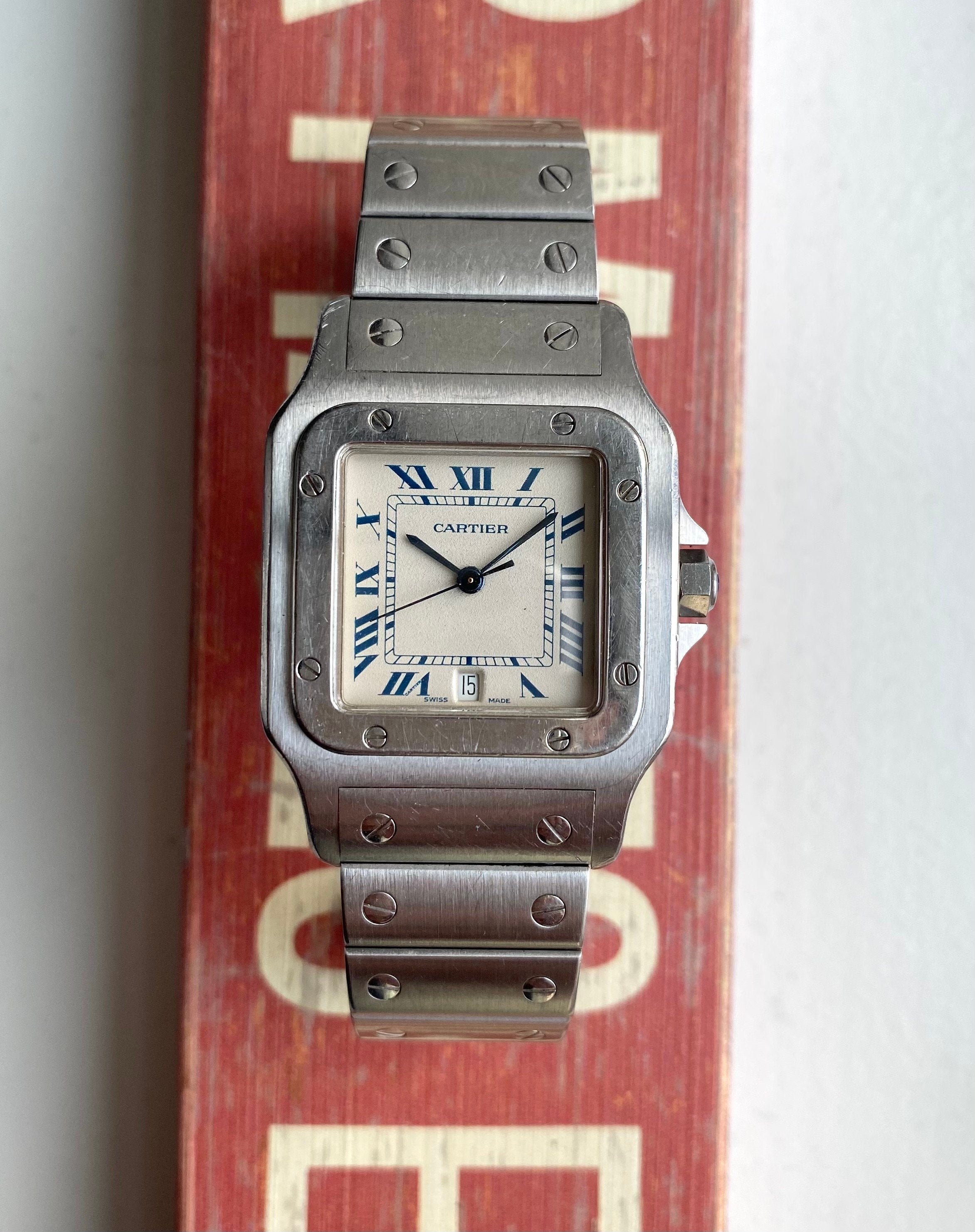 Vintage Cartier Santos 80s Quartz White Blue Roman Numeral Dial Steel Watch