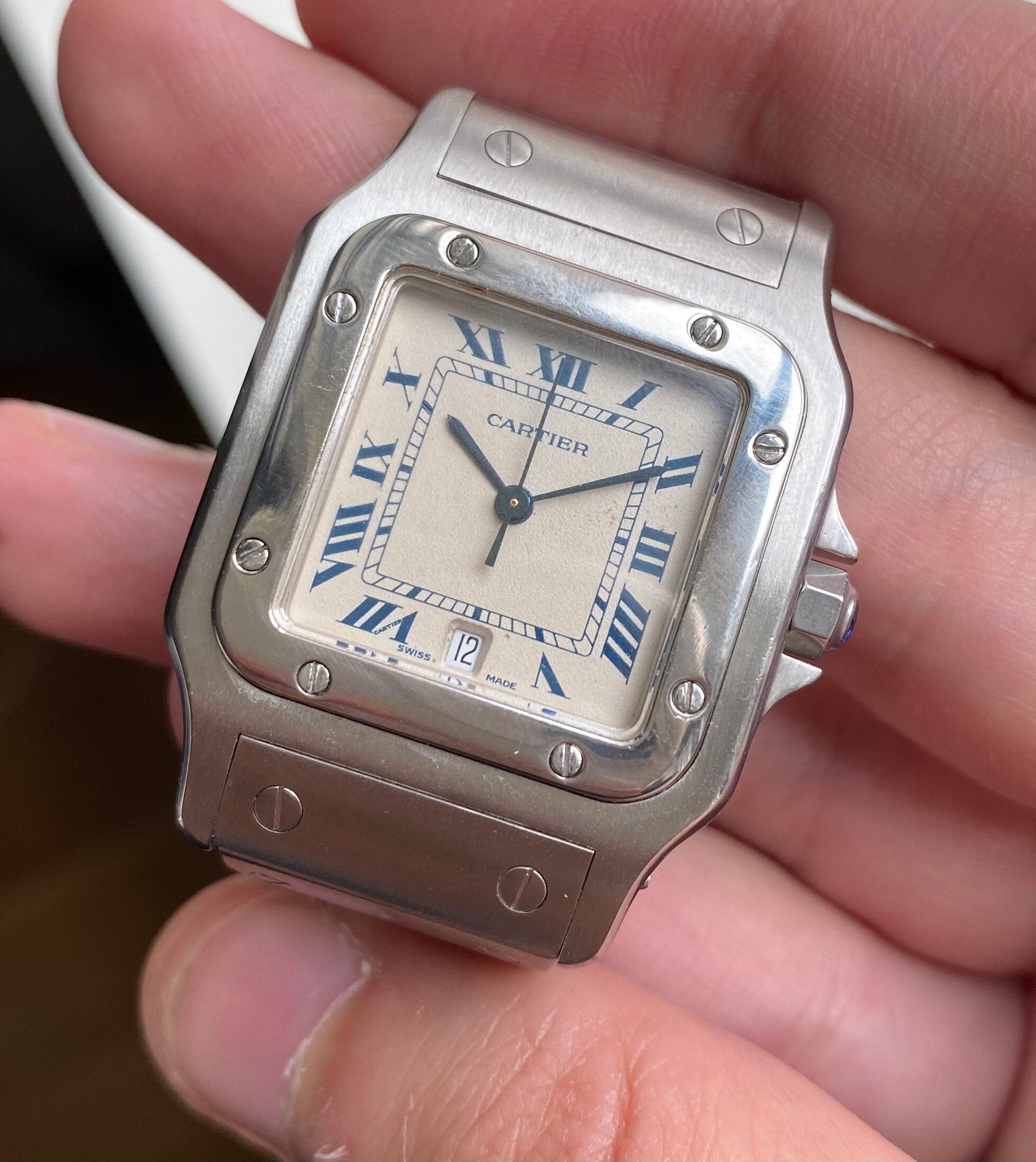 Vintage Cartier Santos Galbee Quartz White Roman Numeral Dial Steel Case Watch
