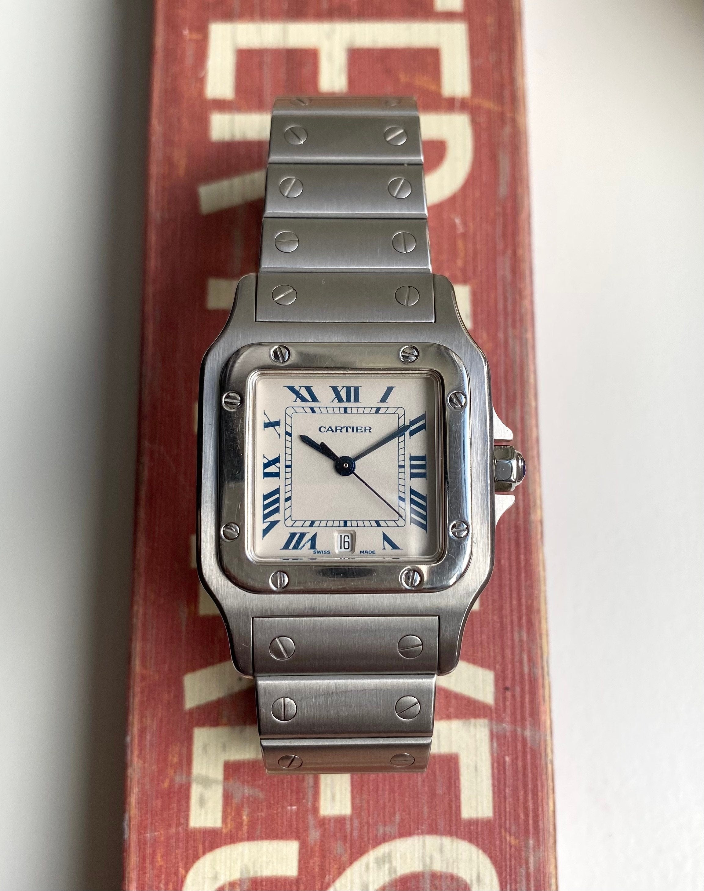 Vintage Cartier Santos Galbee 1564 Quartz White Roman Numeral Dial Steel Watch